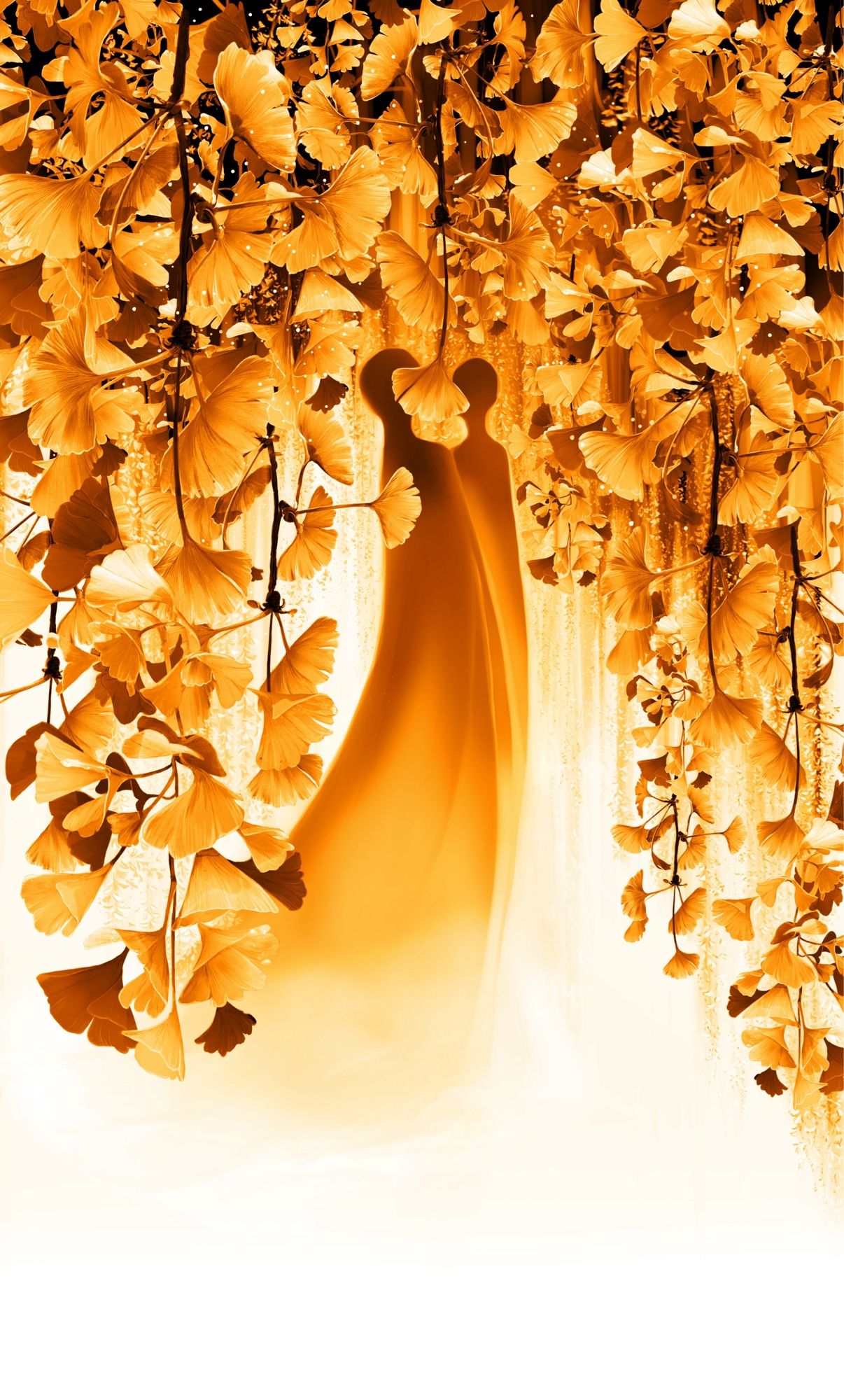 Two figures enter a veil of gold ginkgo branches