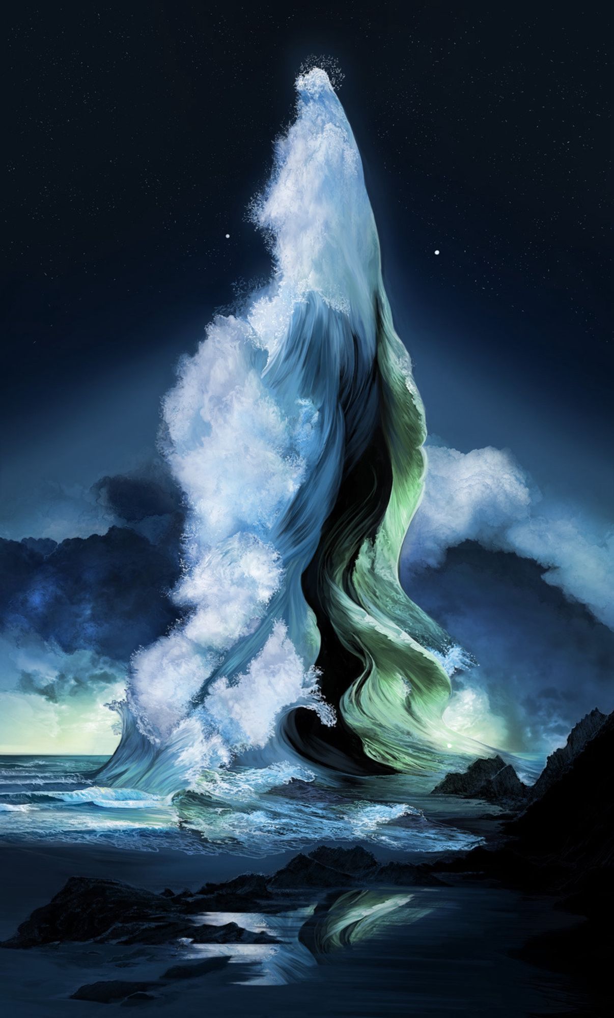 Giant cresting waves pile high into the sky. The scene is early morning with stars peeking. Drawn in tones of blue and green.