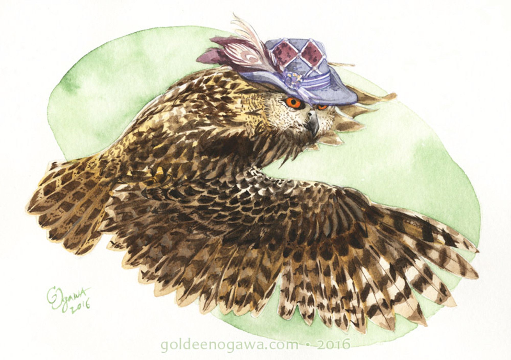 Watercolor painting of a brown owl with orange eyes in flight. It is wearing a flamboyant purple hat with feathers in the band. Text across the bottom reads: goldeenogawa.com • 2016