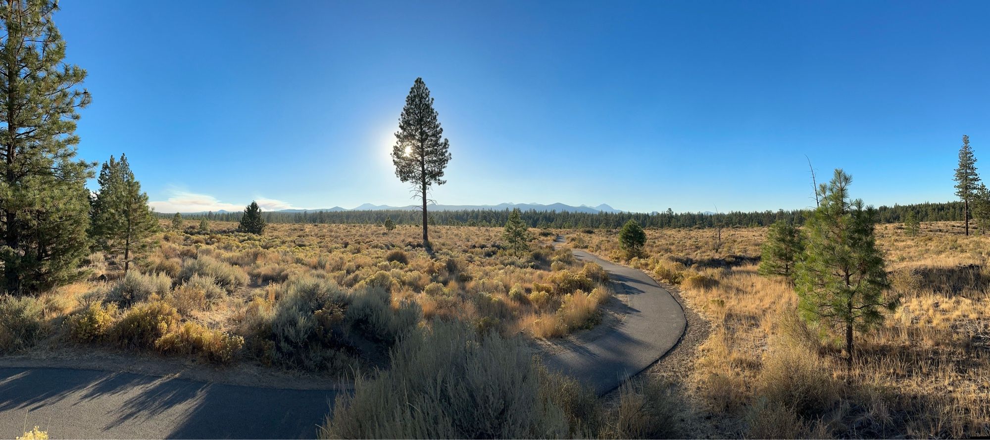 Panoramic photograph of the same high desert landscape, taken at 5:30pm