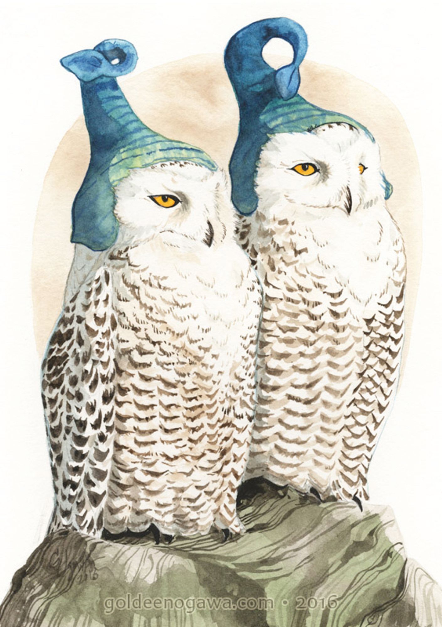 Watercolor painting of two snowy owls sitting on a rock. Each one is wearing a blue-and-green cap with a curly point growing out the top. Text along the bottom reads: goldeenogawa.com • 2016