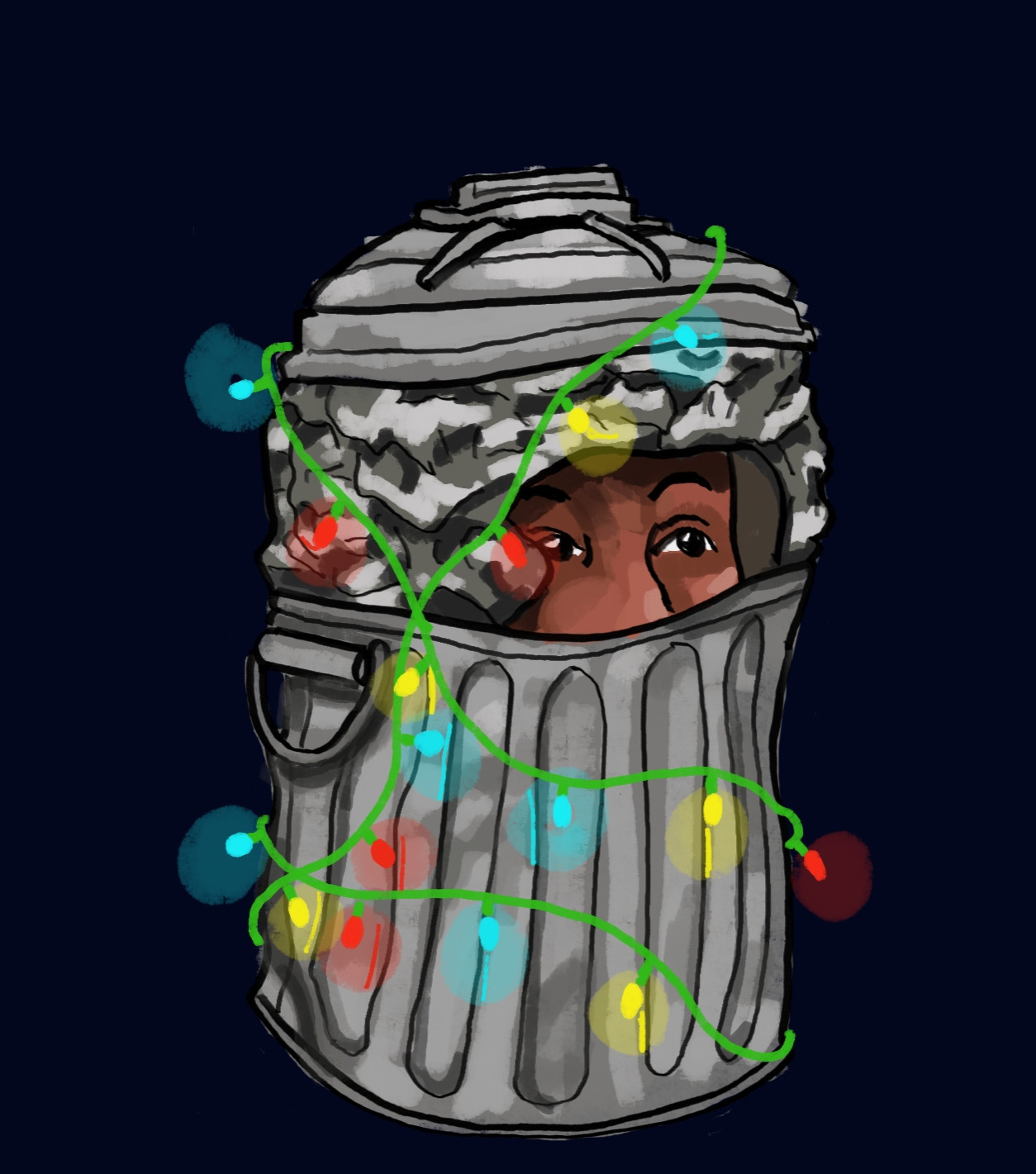 Drawing of a trash can costume helmet. A face peeks out and it's strung with lights.