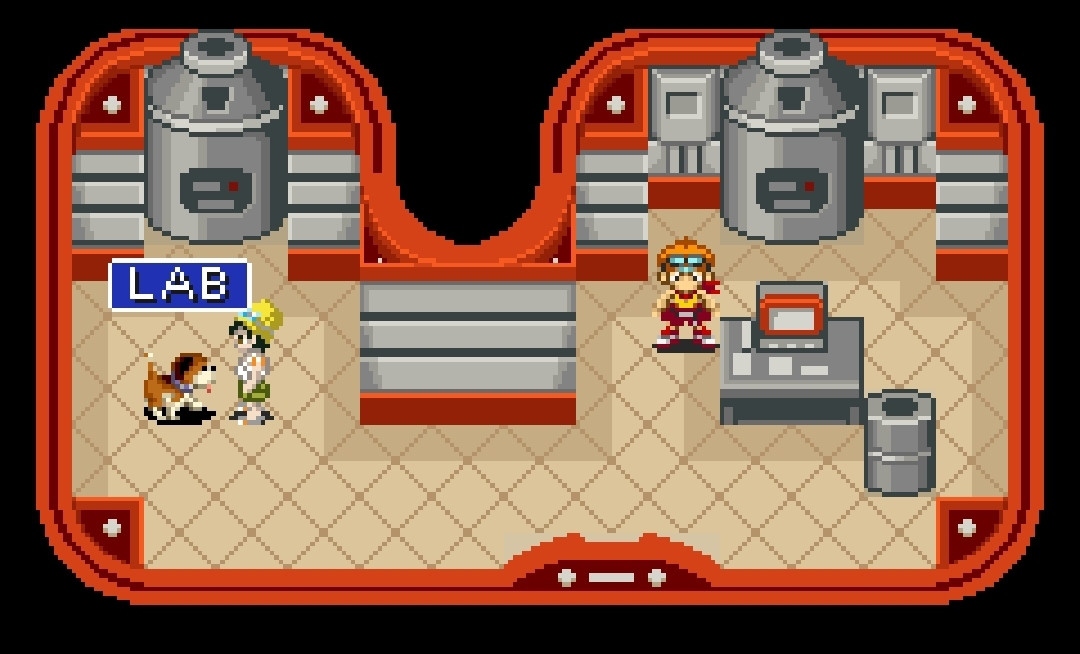 Robopon 2 GBA screenshot. The main character facing a dog labeled "LAB"