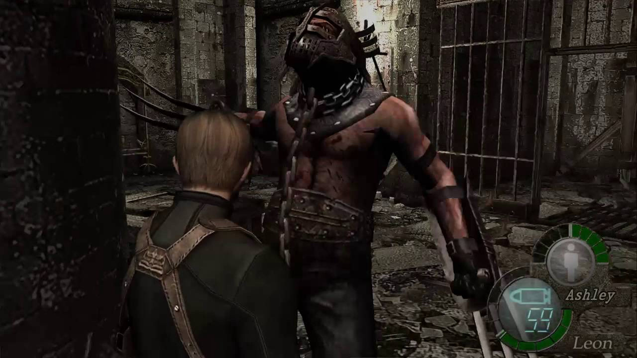 Screenshot from resident evil 4 showing Leon staring down a garrador