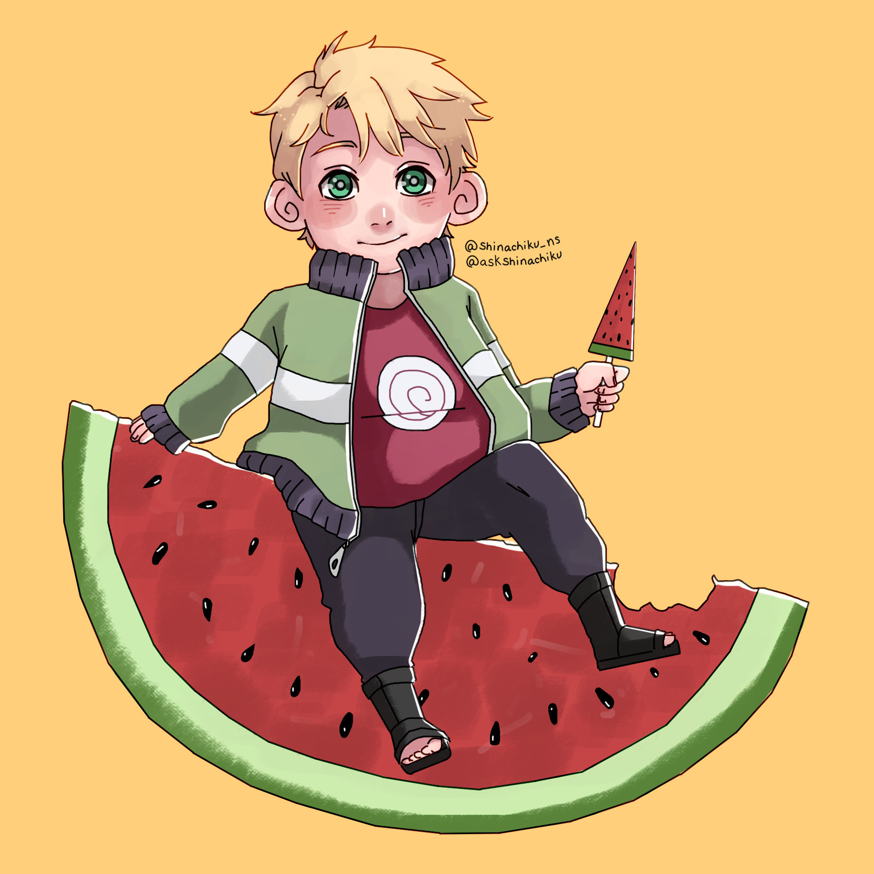 Shinachiku sitting on a giant watermelon with watermelon ice cream