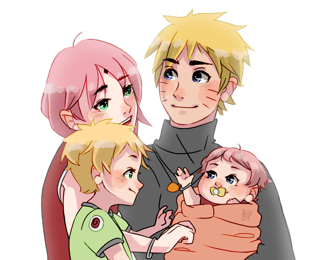 Naruto Uzumaki and Sakura Haruno with her children Shinachiku and Hanami