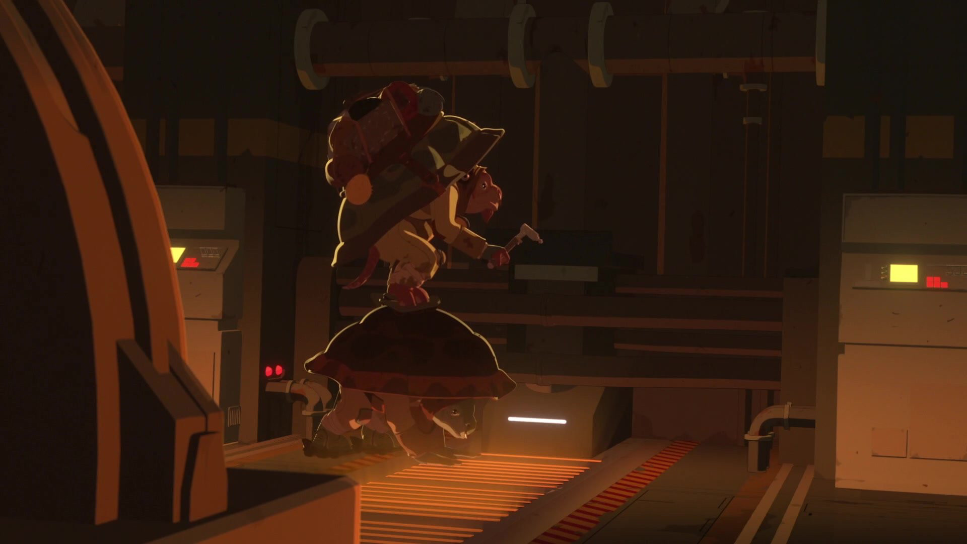 two turtle dudes doing turtle dude things (one is a ladder)