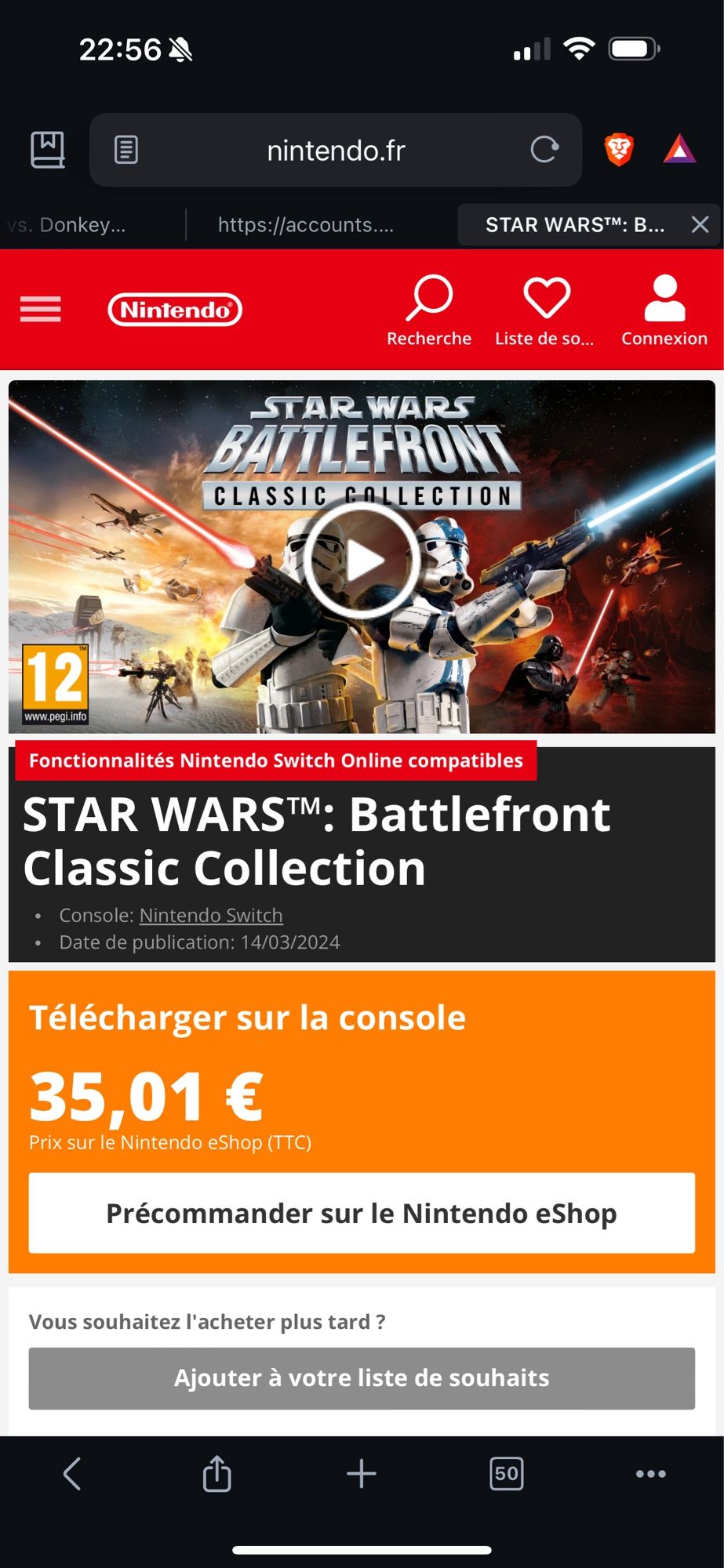 Capture d’écran du shop Nintendo Star Wars battlefront classic collection, affiché au prix étrange de 35,01 €