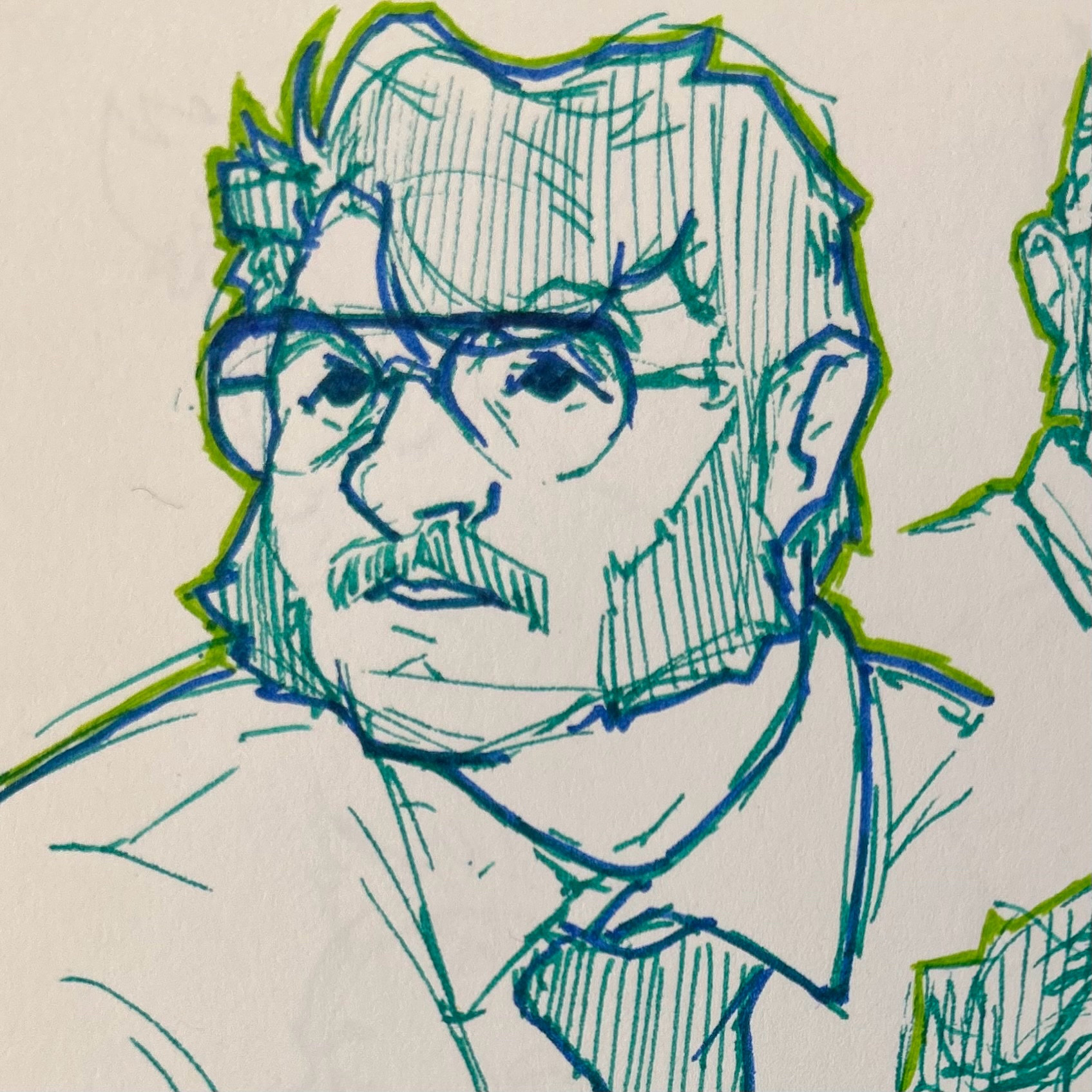 Sketch of a man with mutton chops and a mustache with blue and green pen