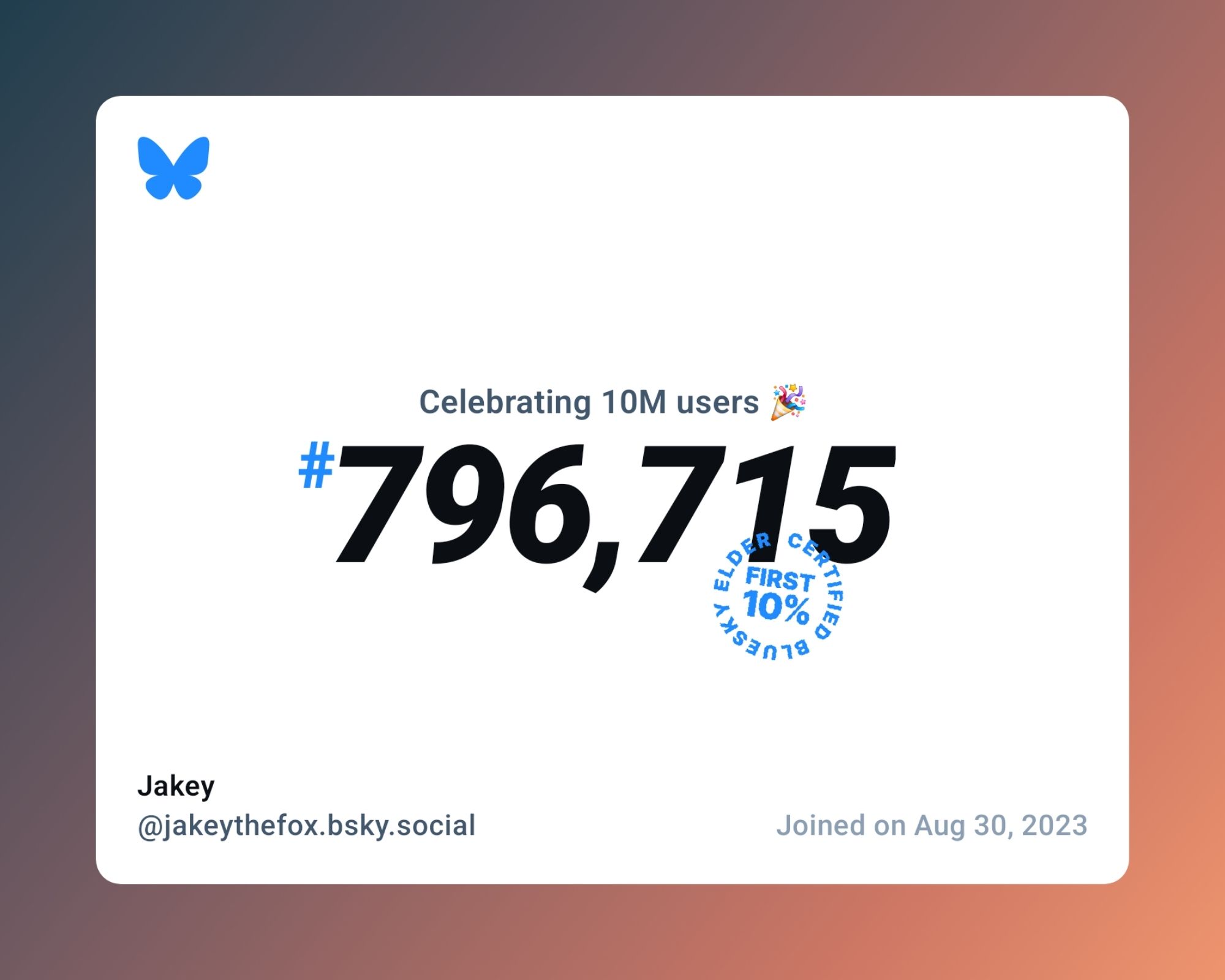 A virtual certificate with text "Celebrating 10M users on Bluesky, #796,715, Jakey ‪@jakeythefox.bsky.social‬, joined on Aug 30, 2023"