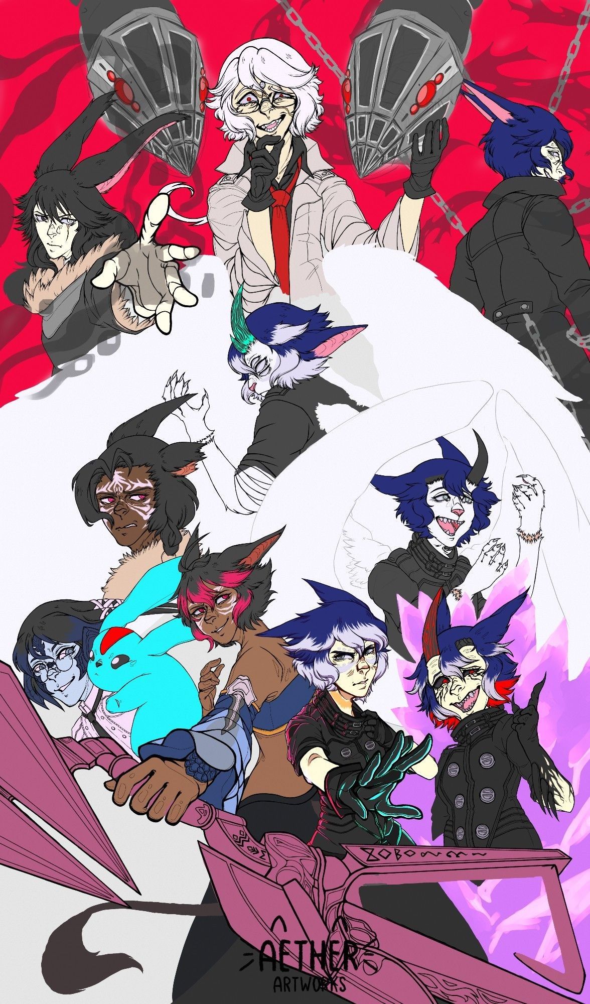 A poster like illustration of a RP story of FFXIV with my gf OCs and my OCs.