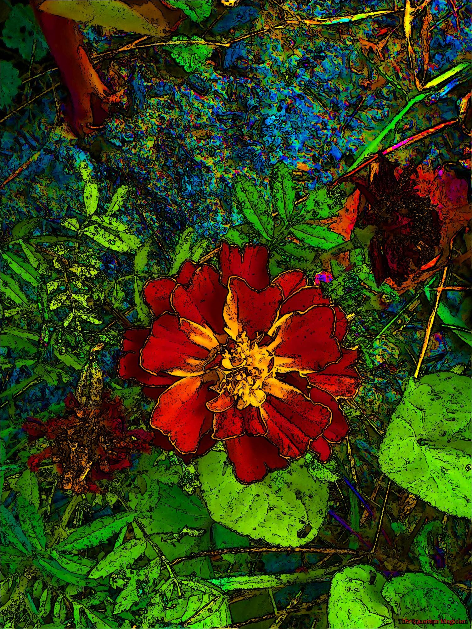 A fresh, fully blooming varicolored marigold blossom between two shriveled, dead earlier blossoms, against  a background of its own foliage, and various types of ground cover.

The picture was run through home brew image processing software which saturated the colors and outline details in black.