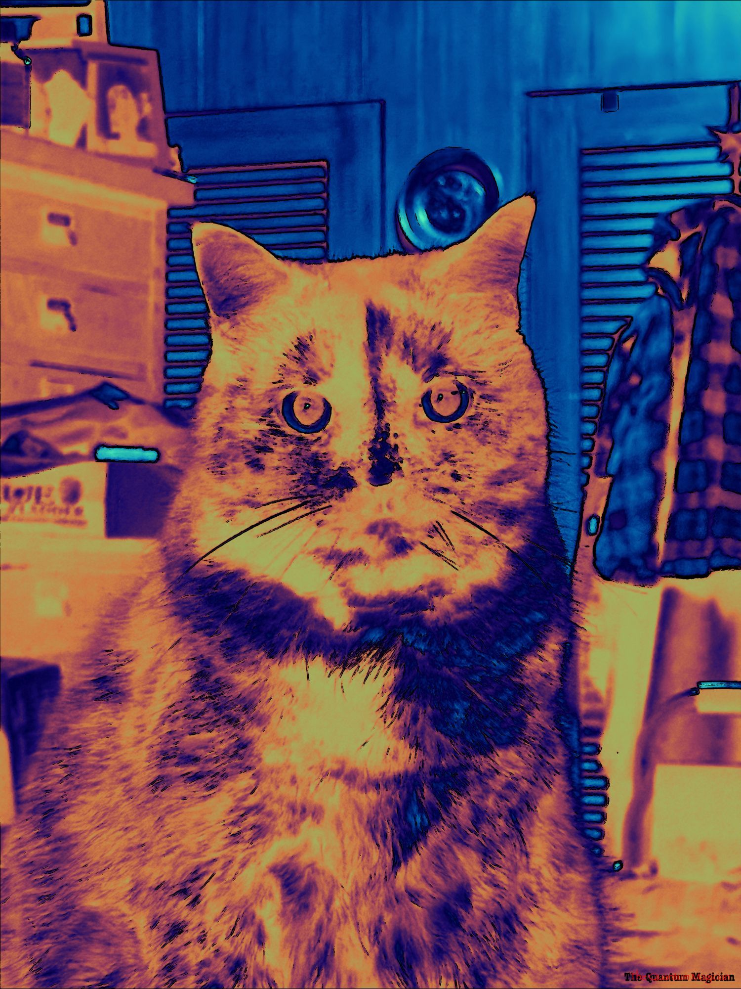 A plump short haired tortoise-shell cat staring straight at the camera, a disorganized room slightly out-of-focus in the background.

The picture has been run through home brew image processing software which has manipulated the colors and outlined details in black.

The cat, and portions of the background, are yellow, orange, and deep purple, giving the impression that they have all been sculpted from flame.