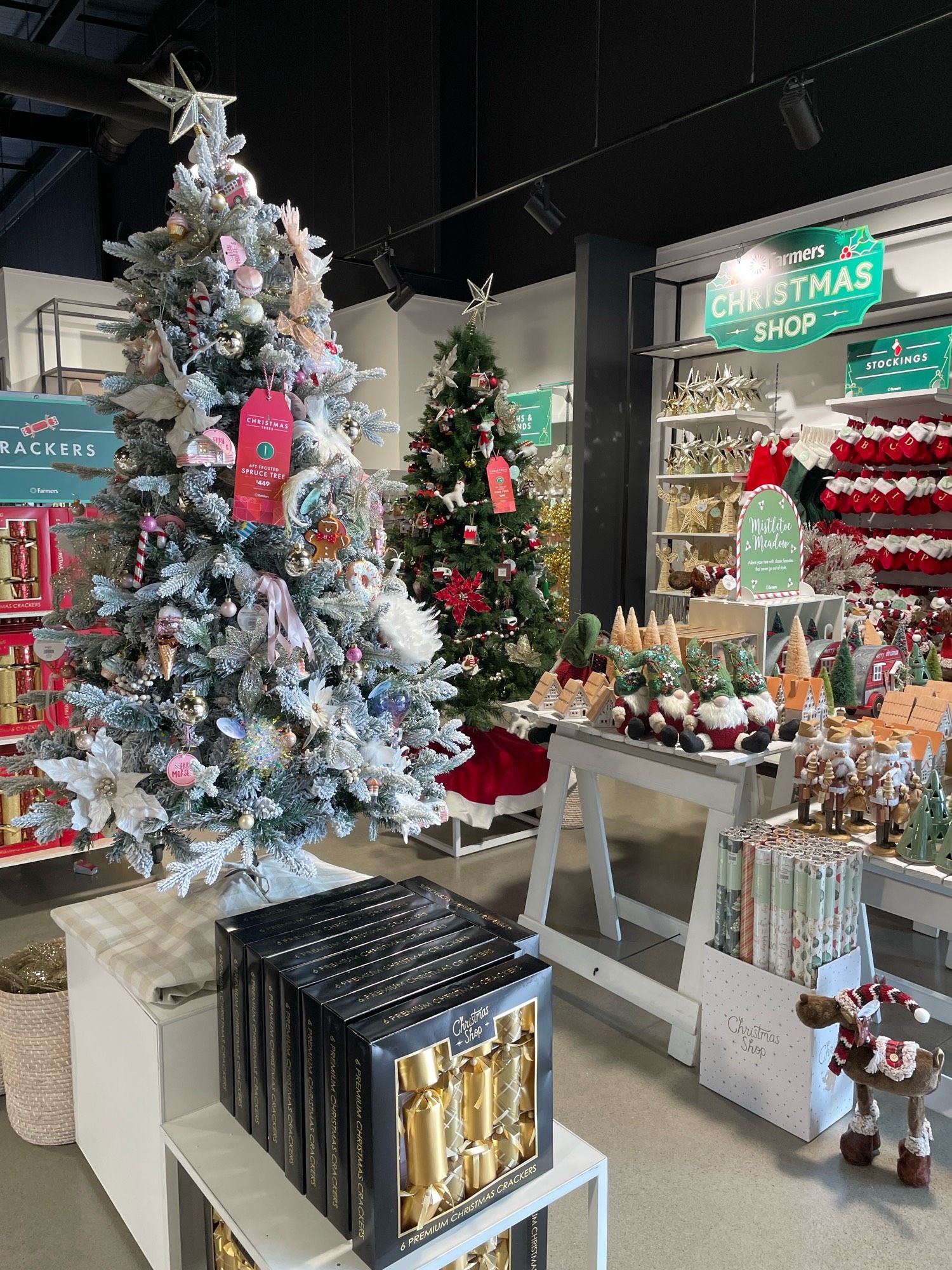 Christmas decorations on display in store.