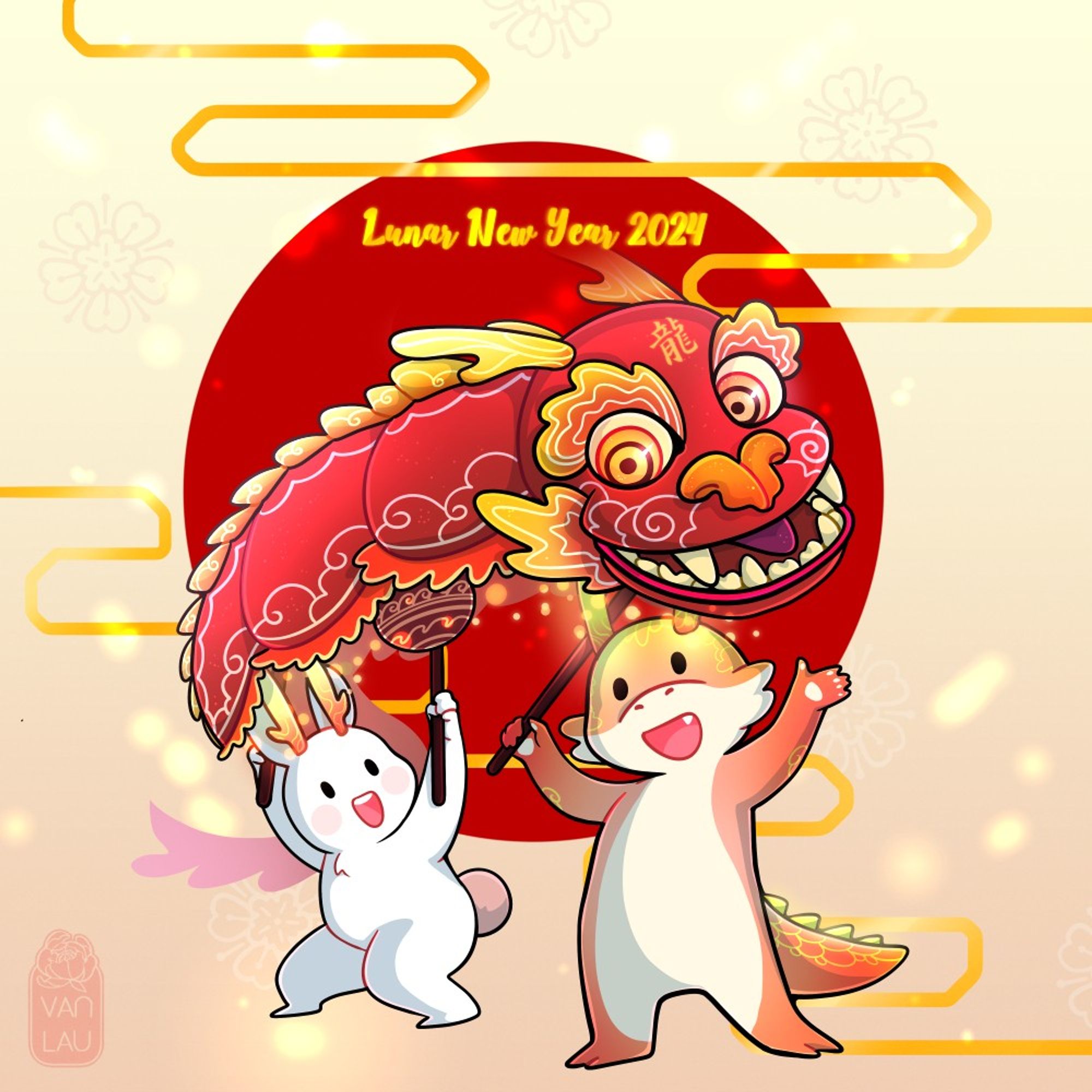 A bunnie and a dragon holding a dragon for a new years parade