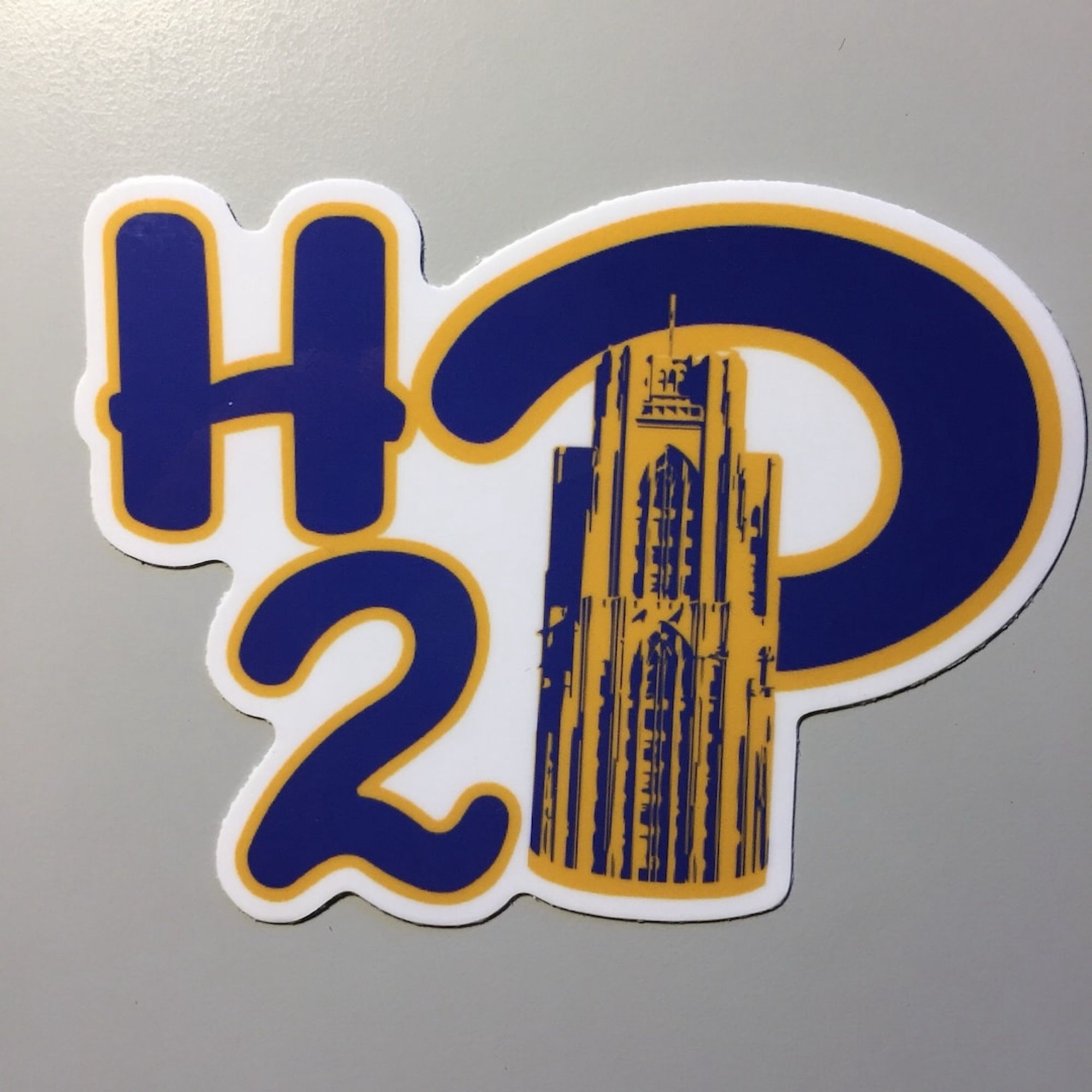 H2P (Hail to Pitt) sticker with the Cathedral of Learning as the vertical stroke of the letter P