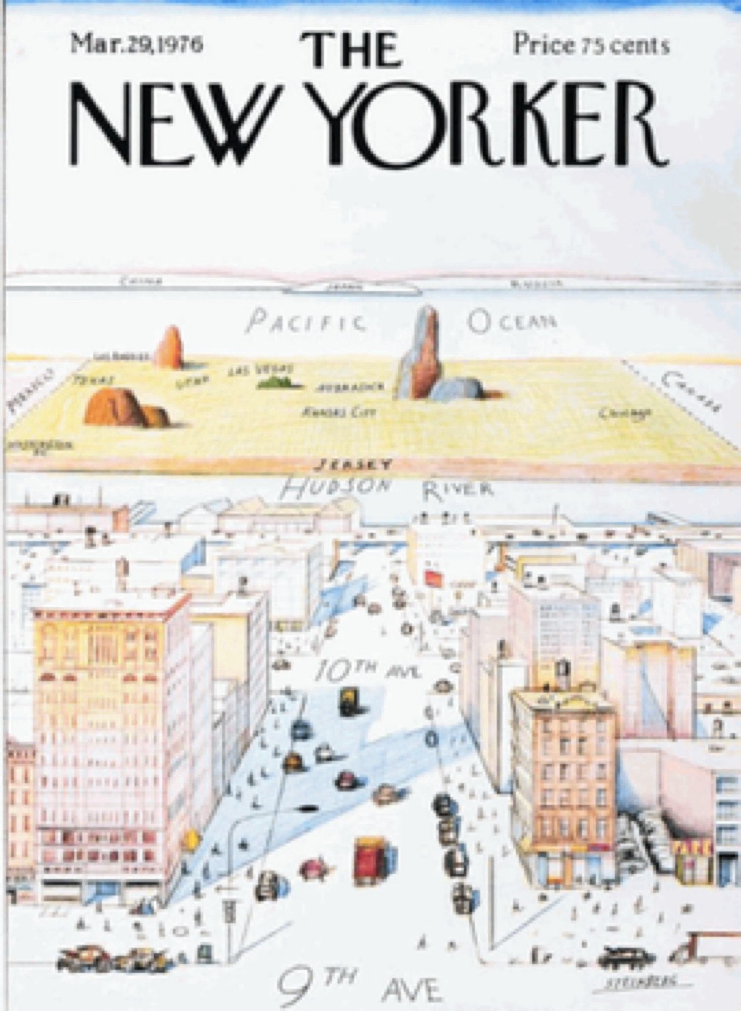 New Yorker cover “View of the World from 9th Avenue”, featuring the maximum knowledge of the rest of the US possible for New Yorkers, apparently