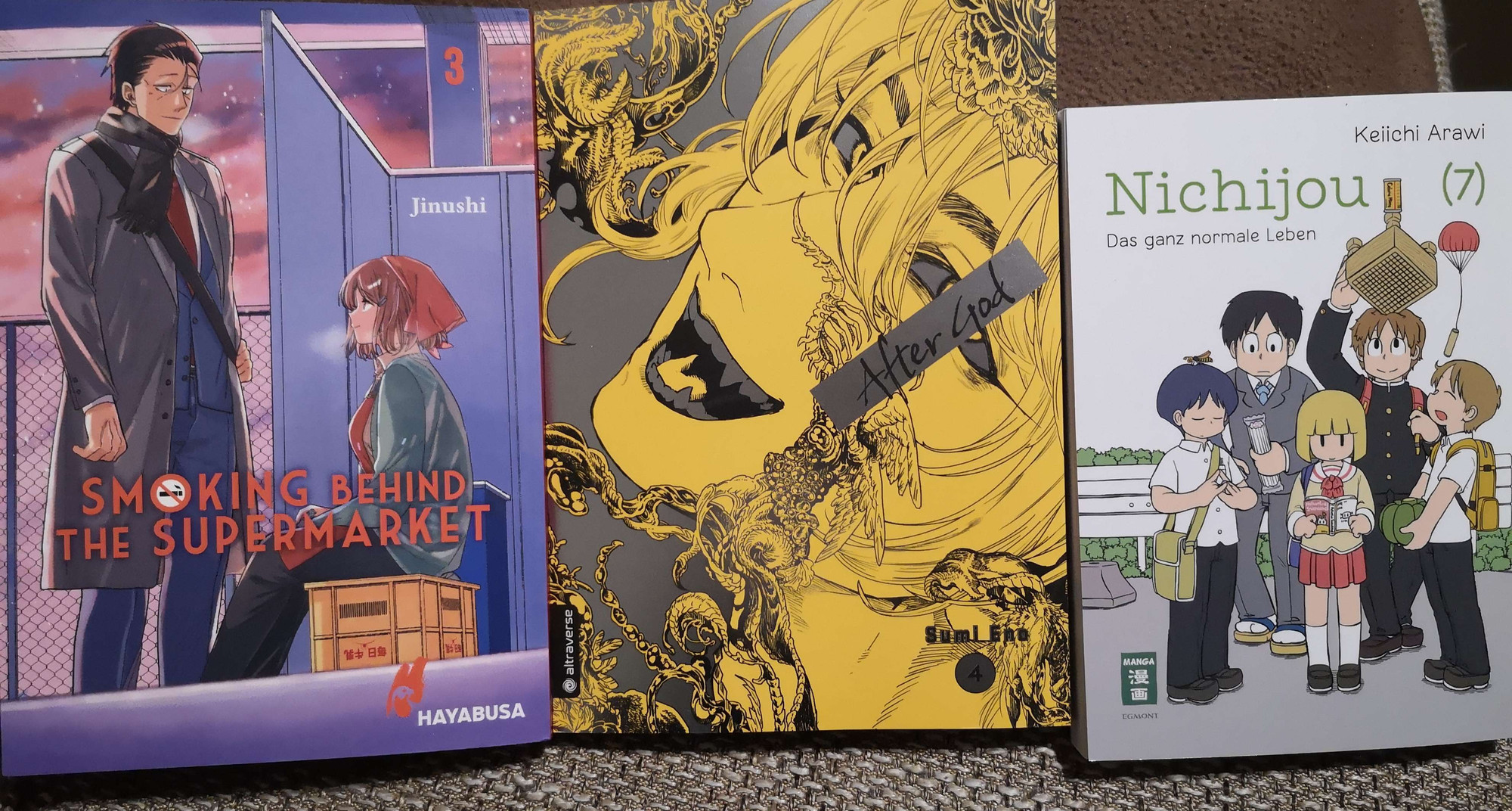 The manga:
Smoking behind the supermarket Vol. 3
After God Vol. 4
Nichijou Vol. 7