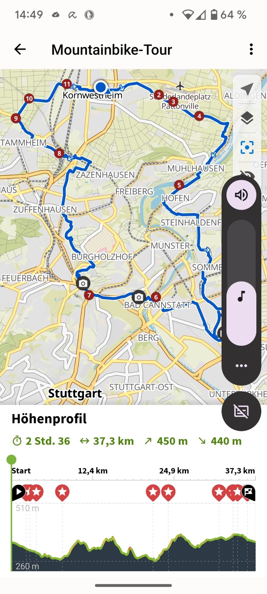 Komoot Screenshot einer Tour über 37km um Stuttgart