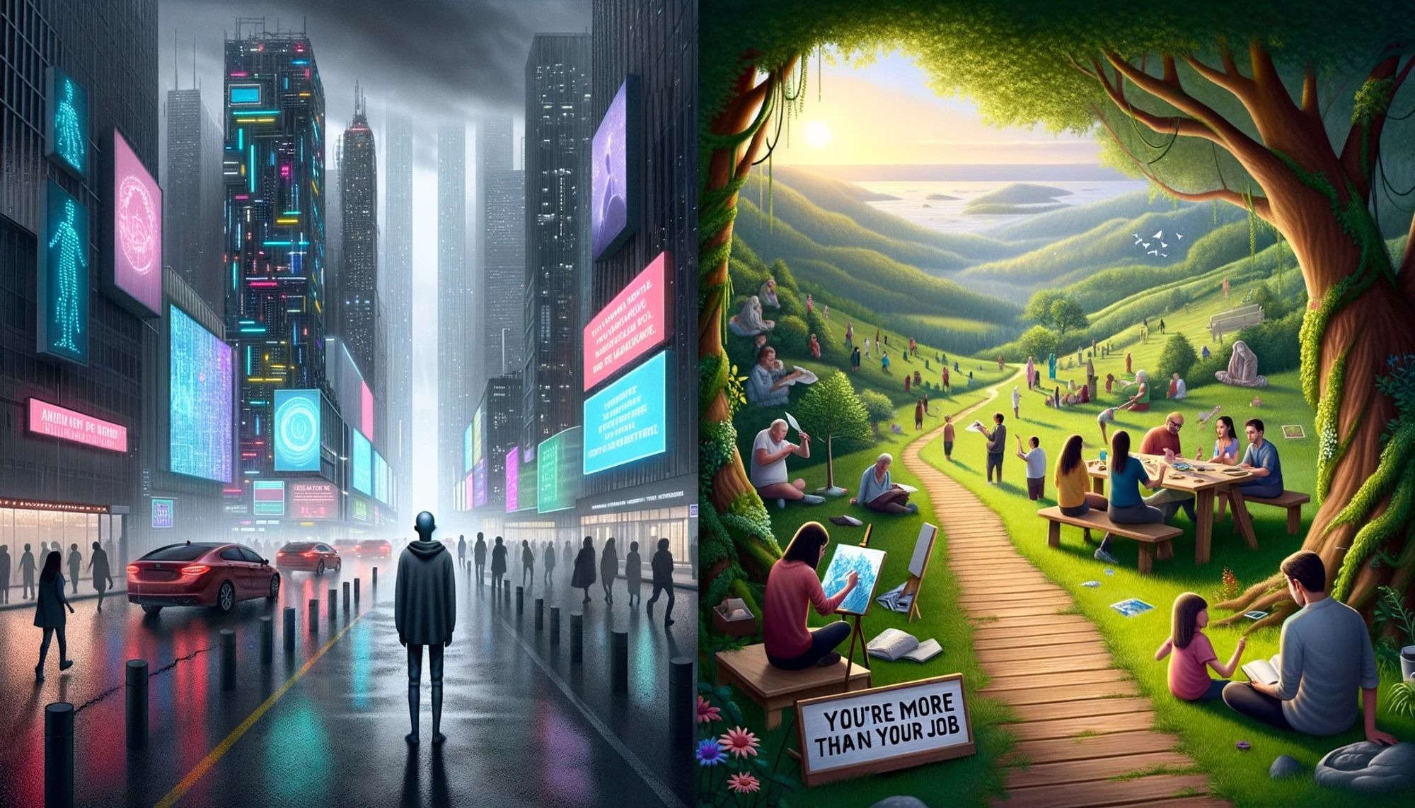 Photo-realistic wide depiction. Left: A disheartened silhouetted figure stands against a city with tech-dominated infrastructure and AI ads. Right: The figure is surrounded by a lively community in a natural setting, with people painting, reading, and expressing empathy. A pathway offers a transition from one scene to the other, with 'You're More Than Your Job' written alongside.