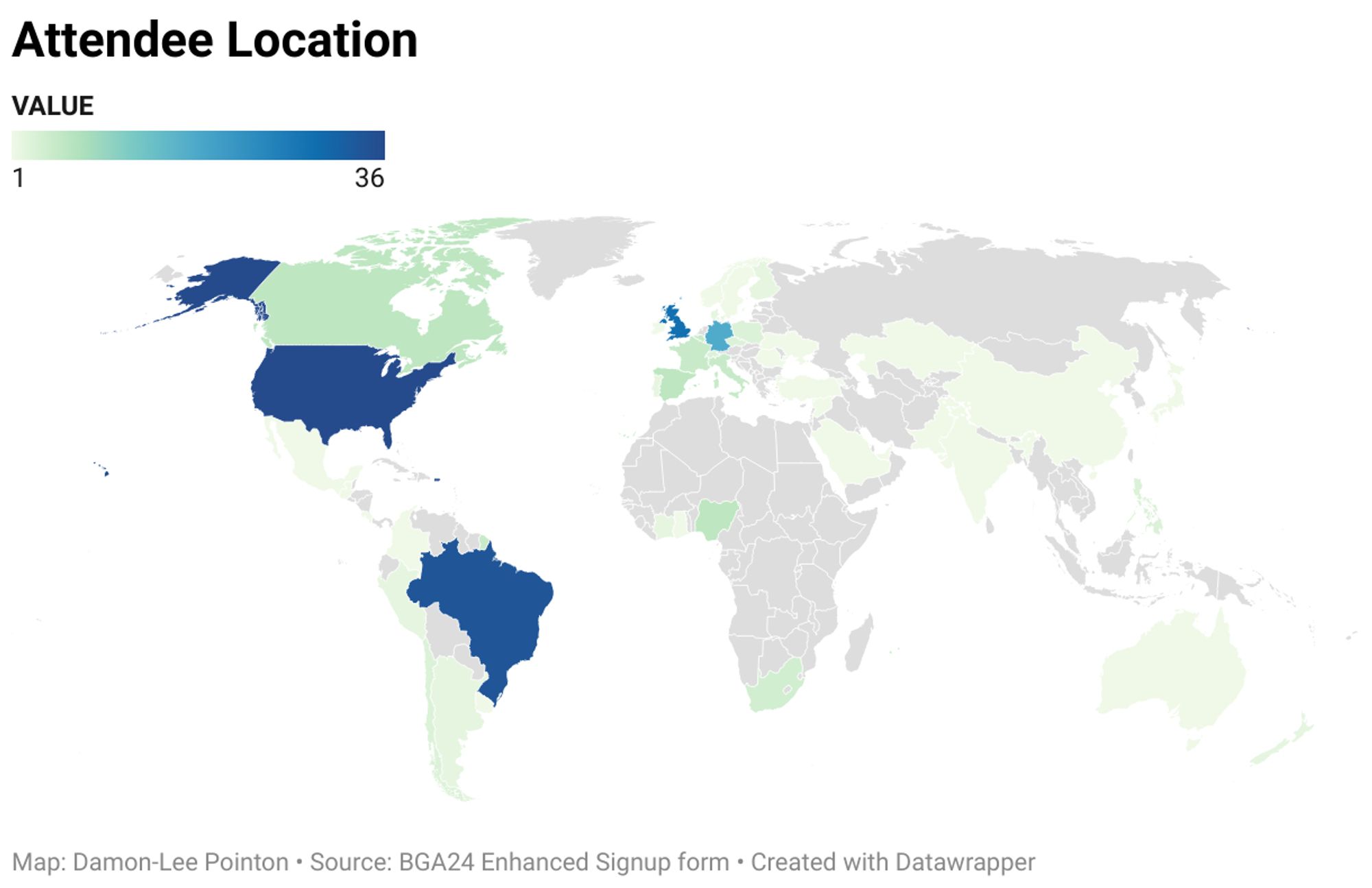 A heatmap describing where attendees for BGA24 are from.