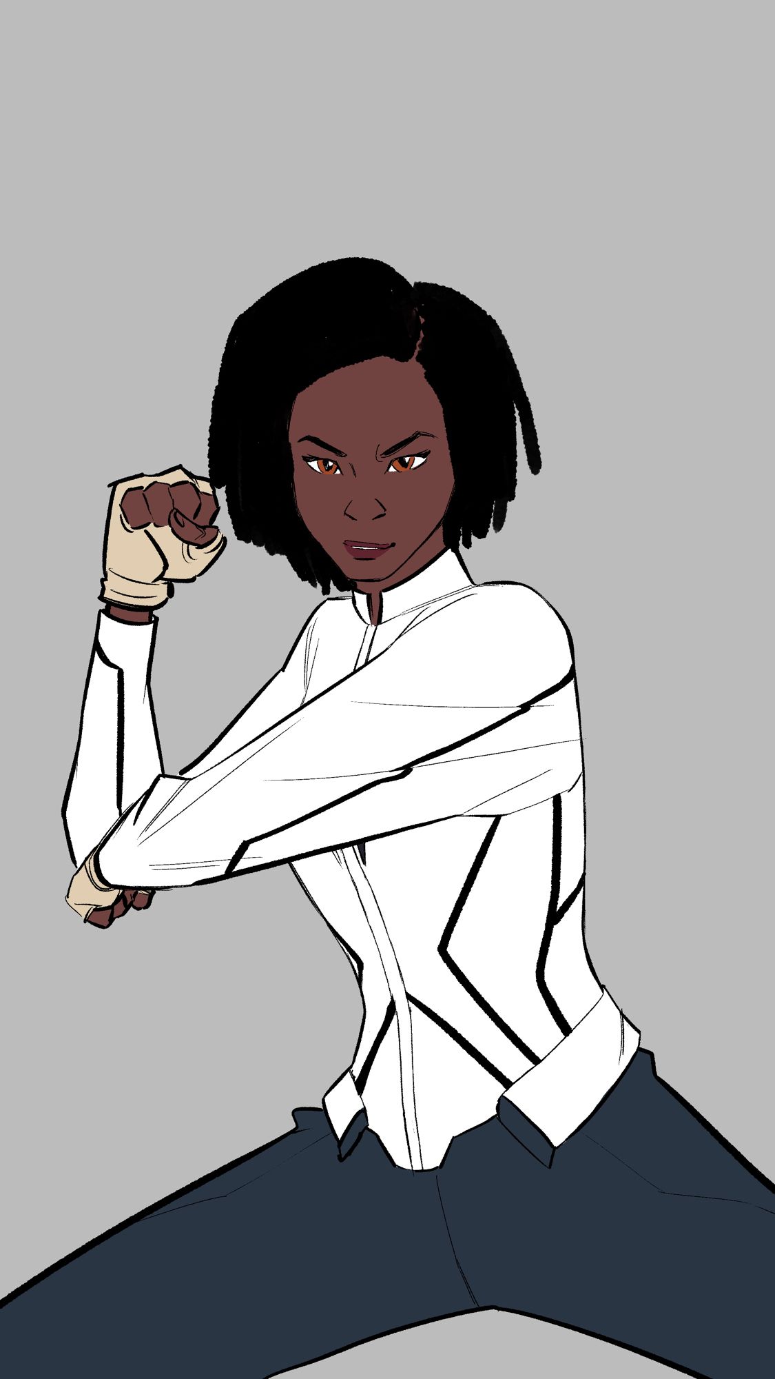 Monica Rambeau in her white jacket at the start of Kamen Rider Black’s henshin pose