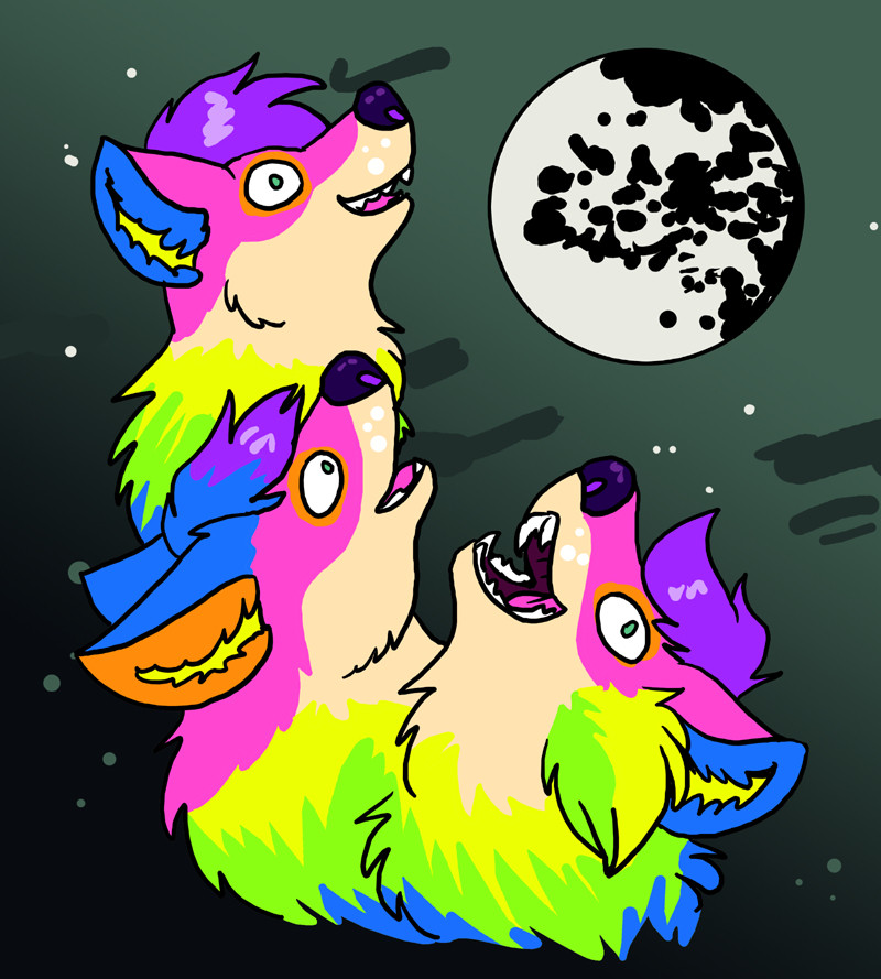 a redraw of the classic three wolf moon tshirt design, with sherbet the sparkedog cerberus making weird faces in place of wolfs