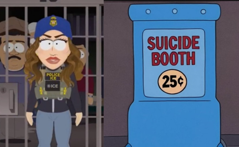 Mashup of screencaps from South Park's Homeland Security Secretary Kristi Noem & Futurama's Suicide Booth (25¢)