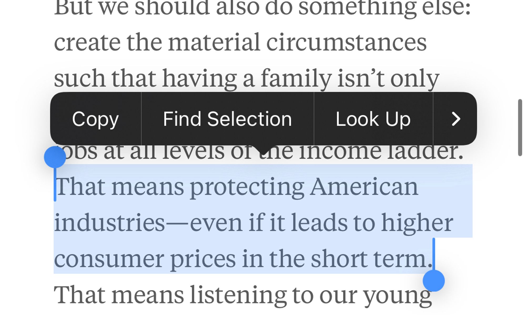 Screen shot of JD Vance’s foreword:
That means protecting American industries-even if it leads to higher consumer prices in the short term.