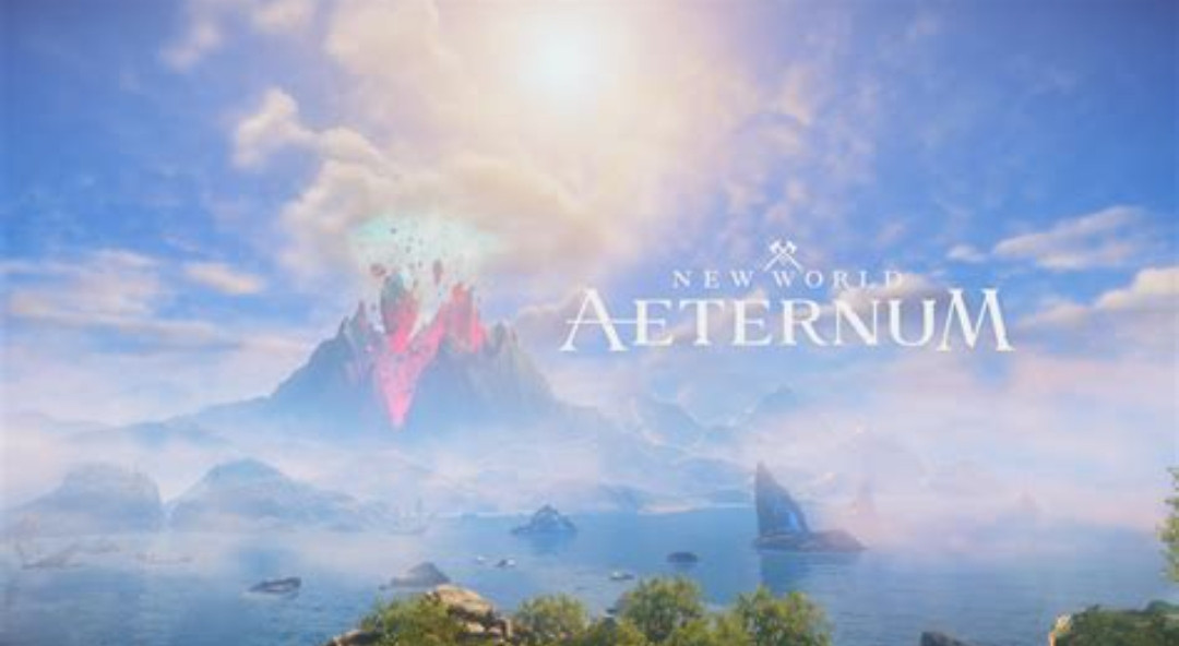 Le titre du jeu New World Aeternum sur un paysage montrant une île paradisiaque surplombée par un gros volcan d'où sortent des pierres suspendues par ce qui semble être de la magie. Le temps est beau et clair