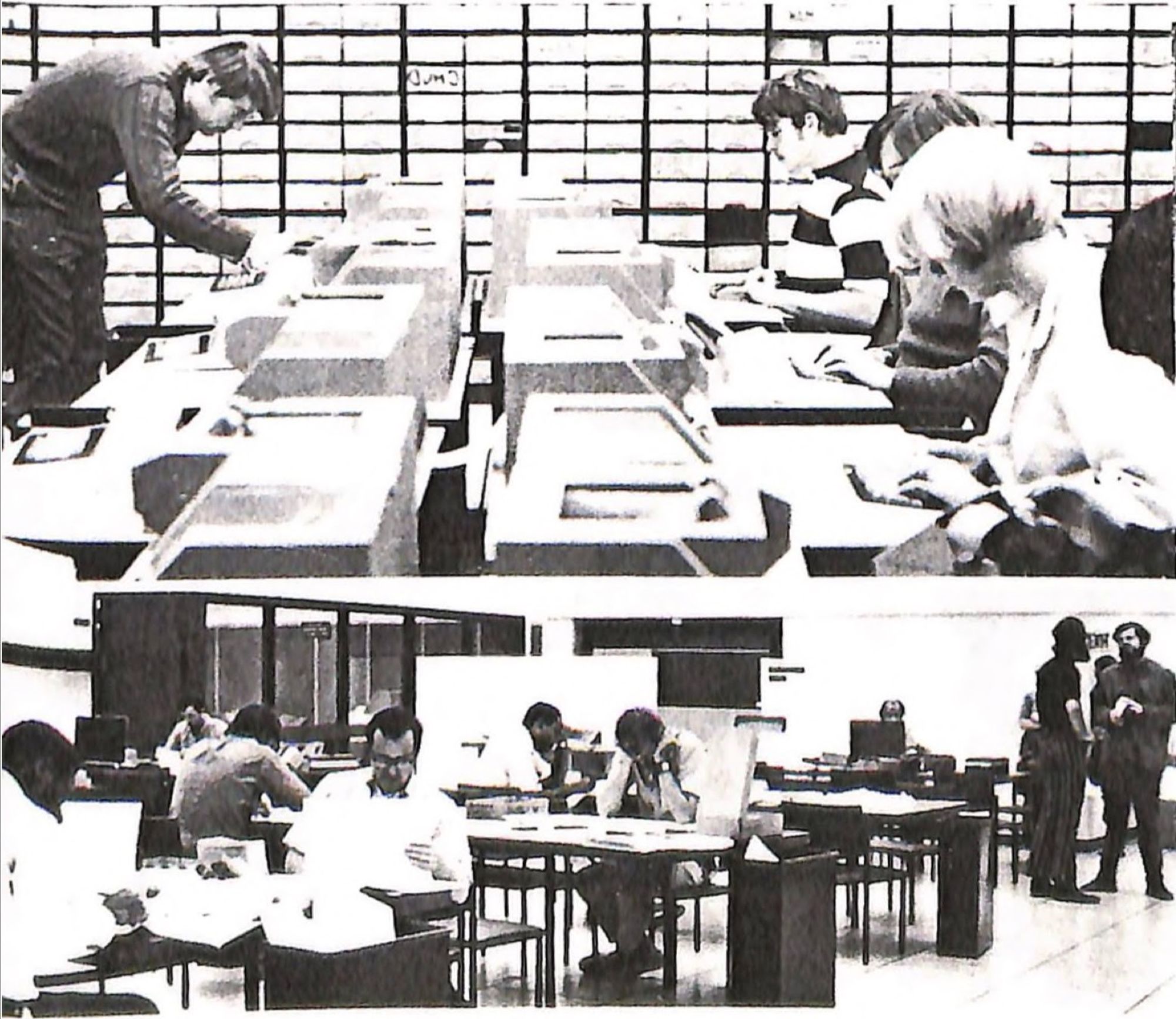 UMich  Computer Center in the early 1980s two black and white photos of students at workstations using personal computers.