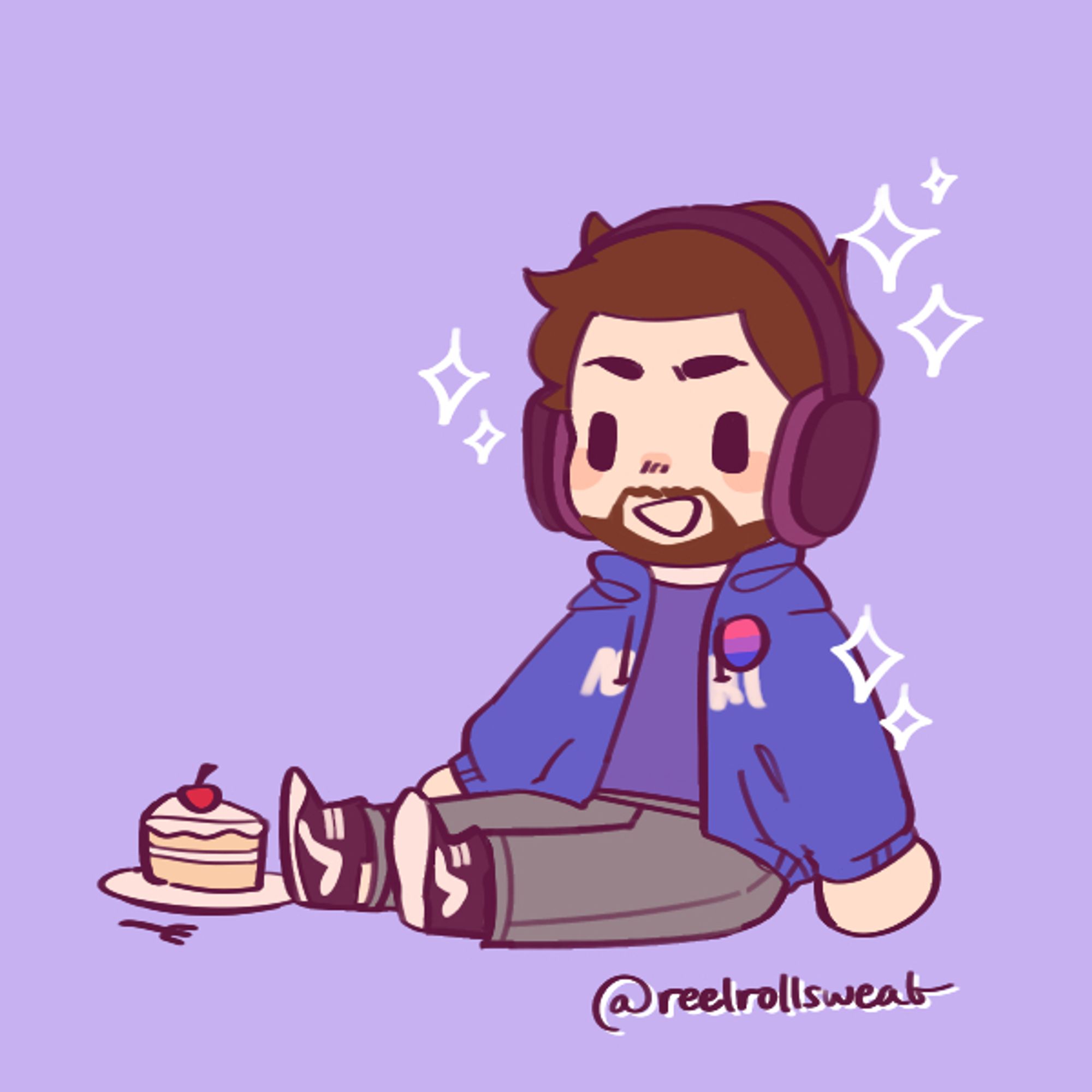 Image of a picrew cartoon of a stylised version of stephen with short brown hair and a short beard, smiling widely, wearing a blue hoodie, with a bi badge on it, and headphones. There is a slice of cake on a plate nearby. The image signature reads @ reelrollsweat