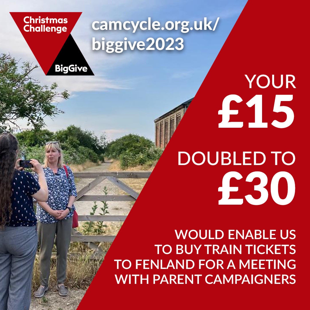 Picture of Anna filming a parent campaigner in Fenland. 

Text: Your £15 doubled to £30 would enable us to buy train tickets to Fenland for a meeting with parent campaigners. 

camcycle.org.uk/biggive2023