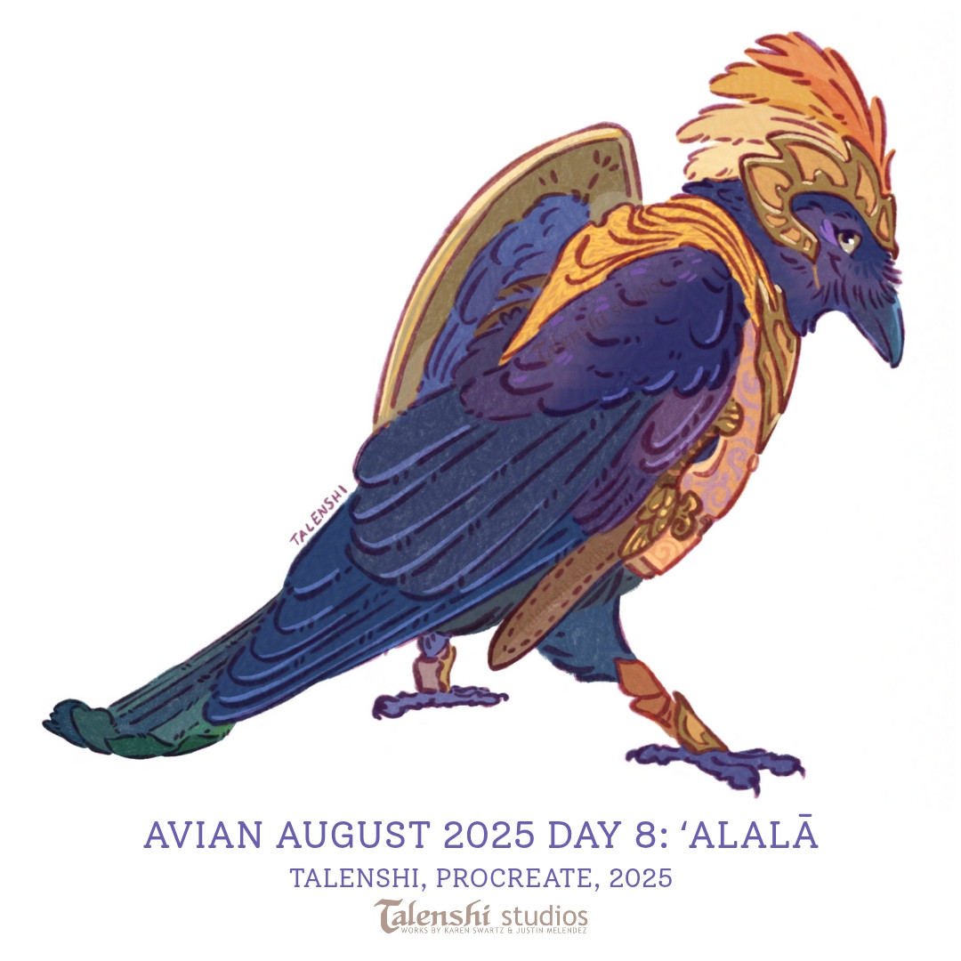 drawing of an ʻAlalā wearing a brass helmet with red and yellow feathers on the back, a yellow cloak, brass breastplate, pink tunic and belt, and a shortsword. The bird has a midsize brass shield attached to their far wing. Drawn by Talenshi in procreate, 2025