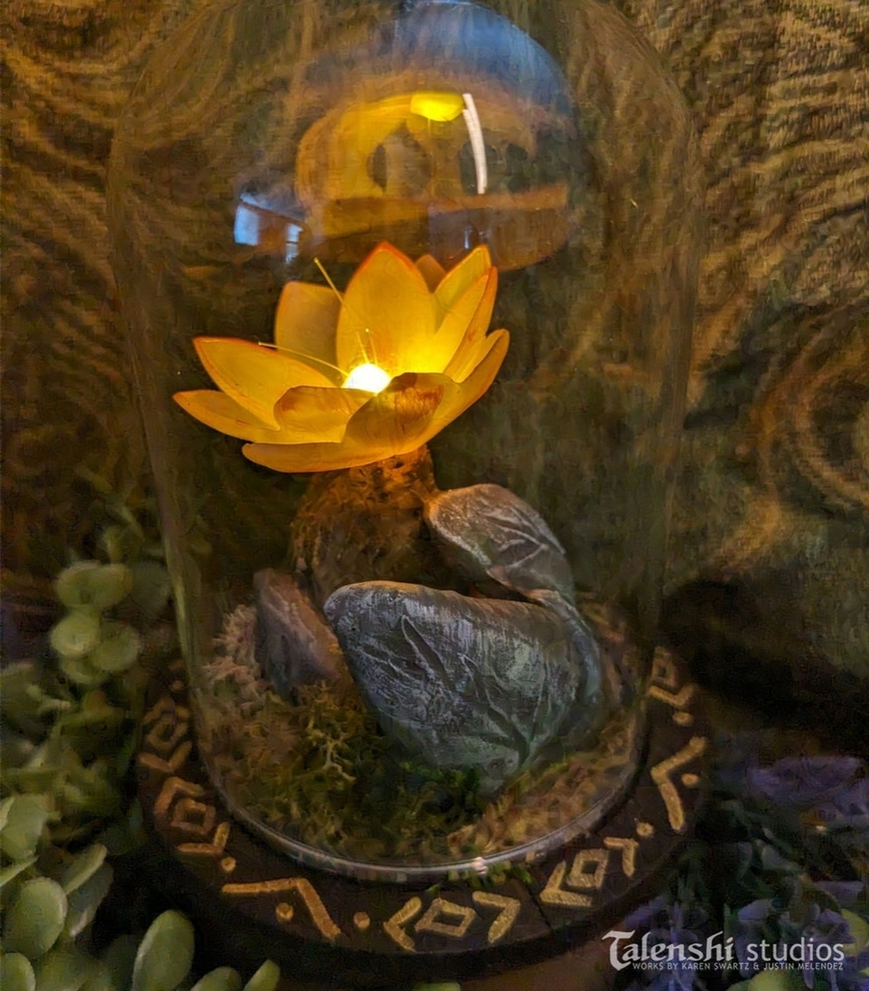 Stone leaves enchanted flower diorama, original light up sculpture