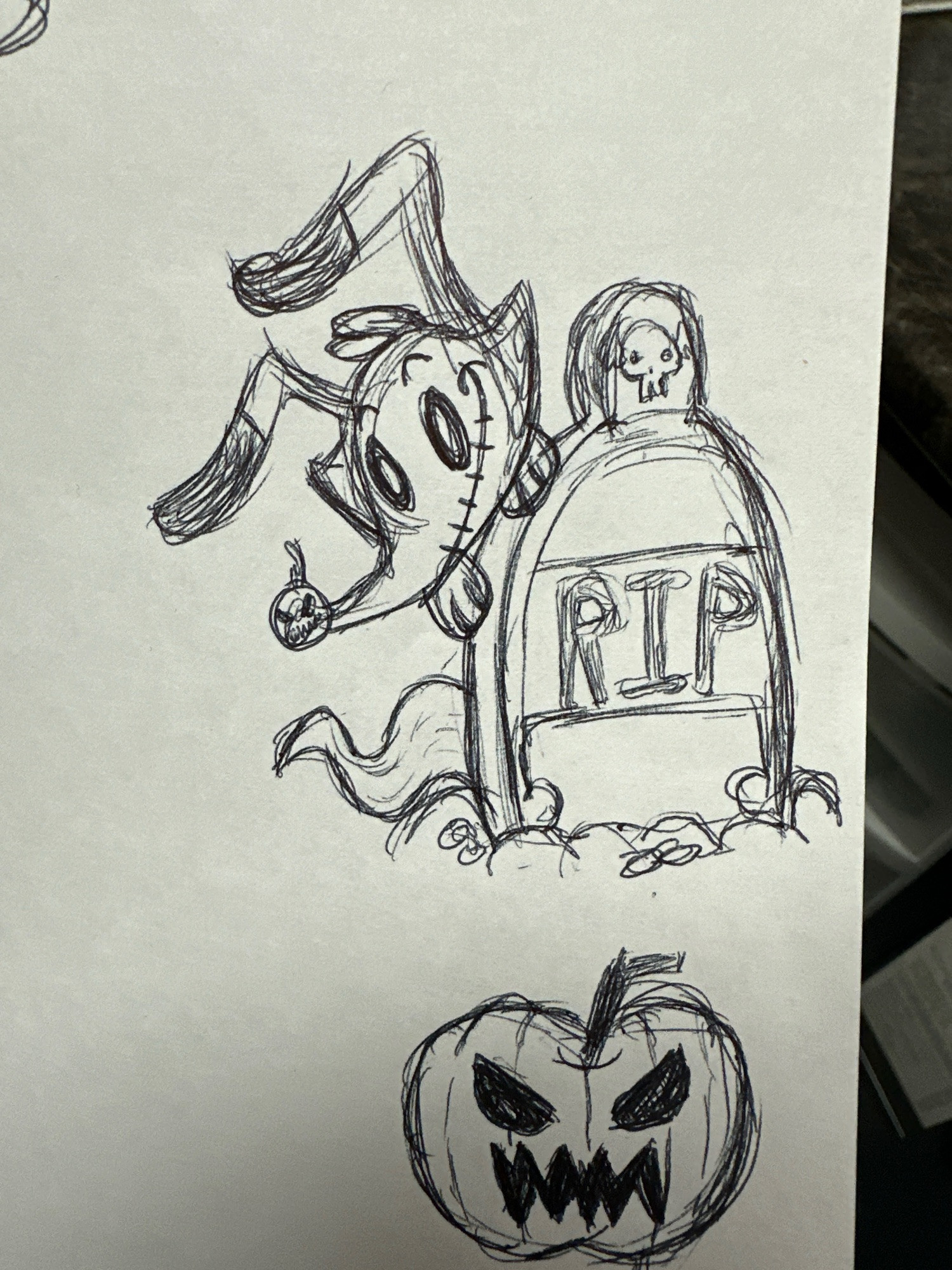 A doodle in one on paper of a cartoonish ghost dog peering from behind a tombstone