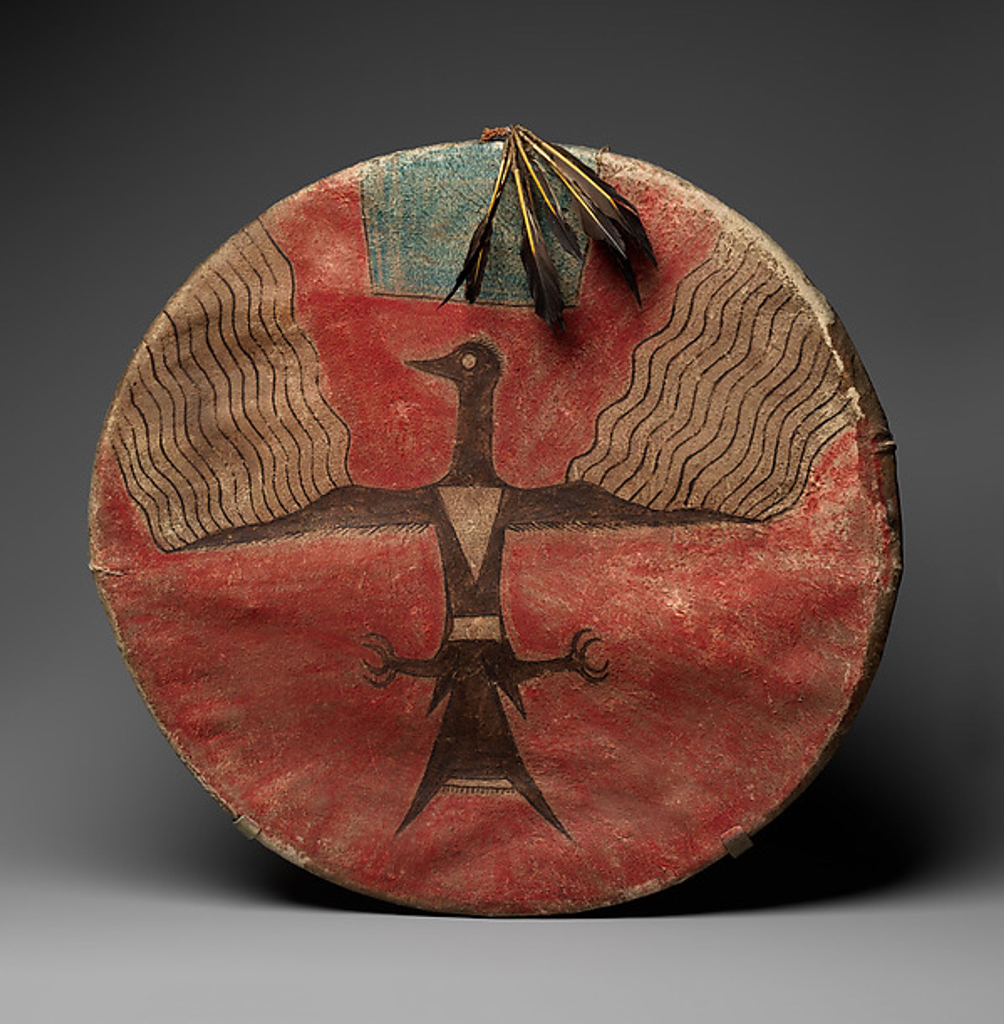 He Nupa Wanica/ Joseph No Two Horns, Shield, Tanned leather, pigment, wood, and feathers, ca. 1885
