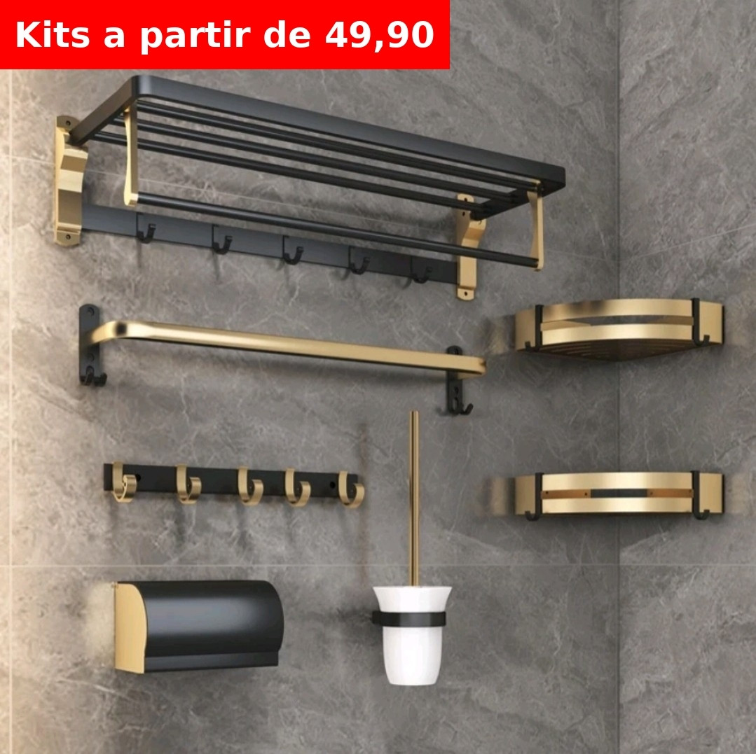 Kit para decoração e utilidade para banheiro, contendo itens como porta sabonete, porta toalha entre outros