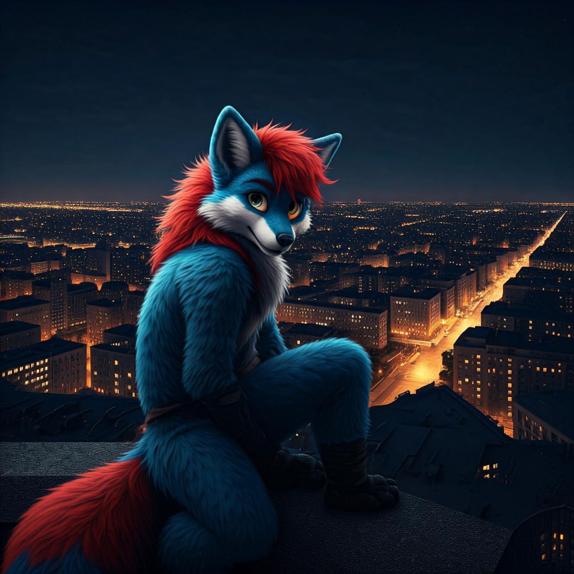 A red and white folf in a dystopic city looking at the camera