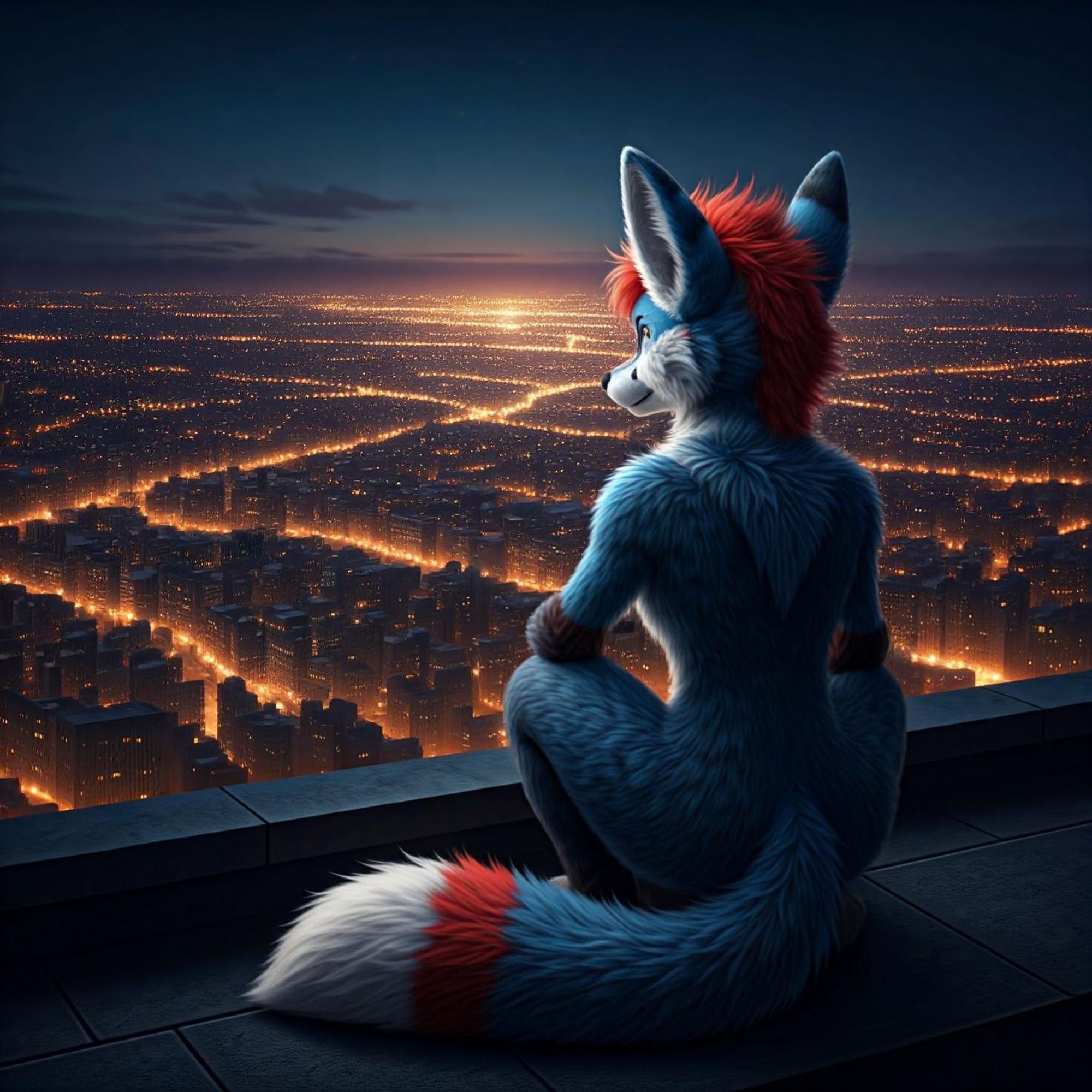 A red and white folf in a dystopic city looking towards the horizon