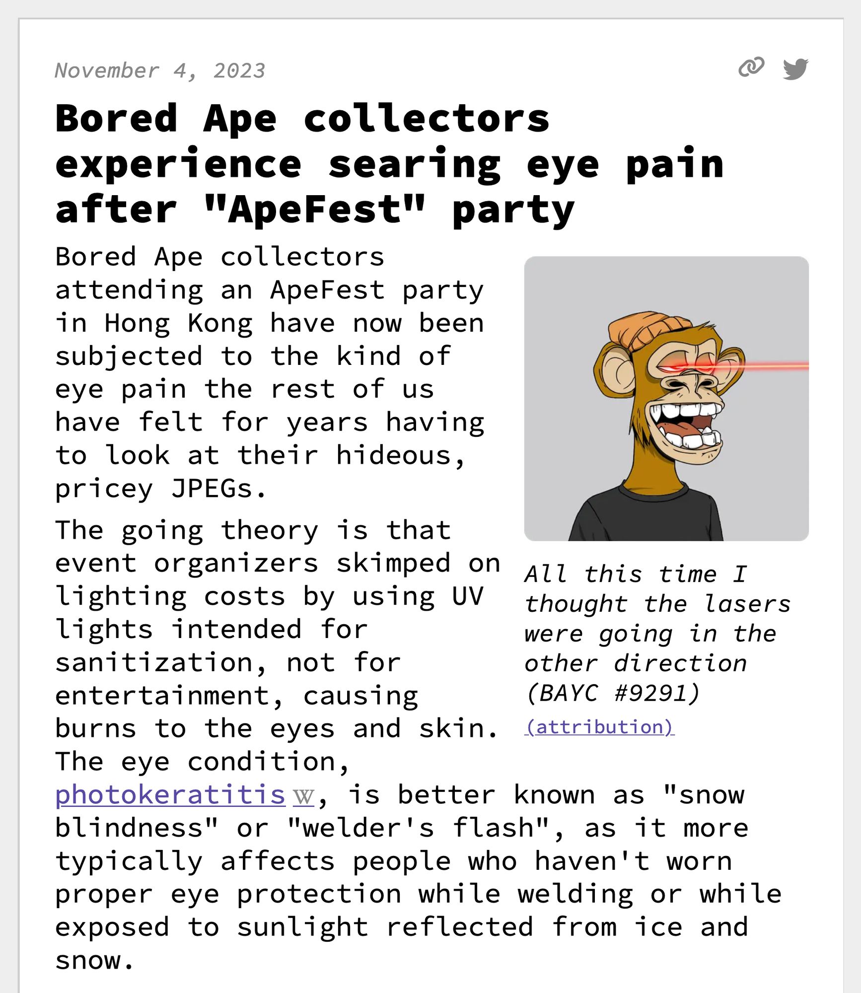 Bored Ape collectors experience searing eye pain after "ApeFest" party
Bored Ape collectors attending an ApeFest party in Hong Kong have now been subjected to the kind of eye pain the rest of us have felt for years having to look at their hideous, pricey JPEGs.
 