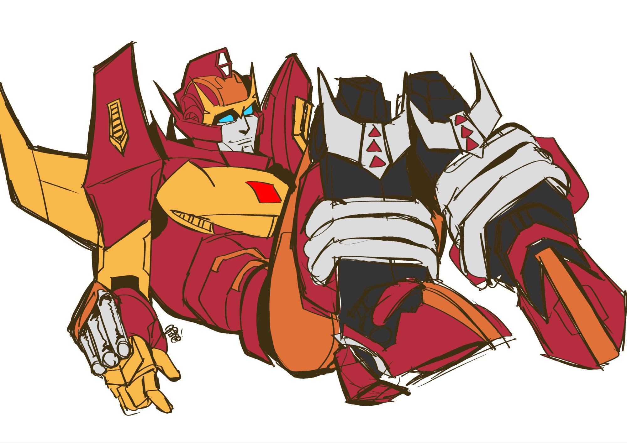 Rodimus is half lying down, bending his legs, with a cute and warm smile on his face, and the overall image is warmly colored.