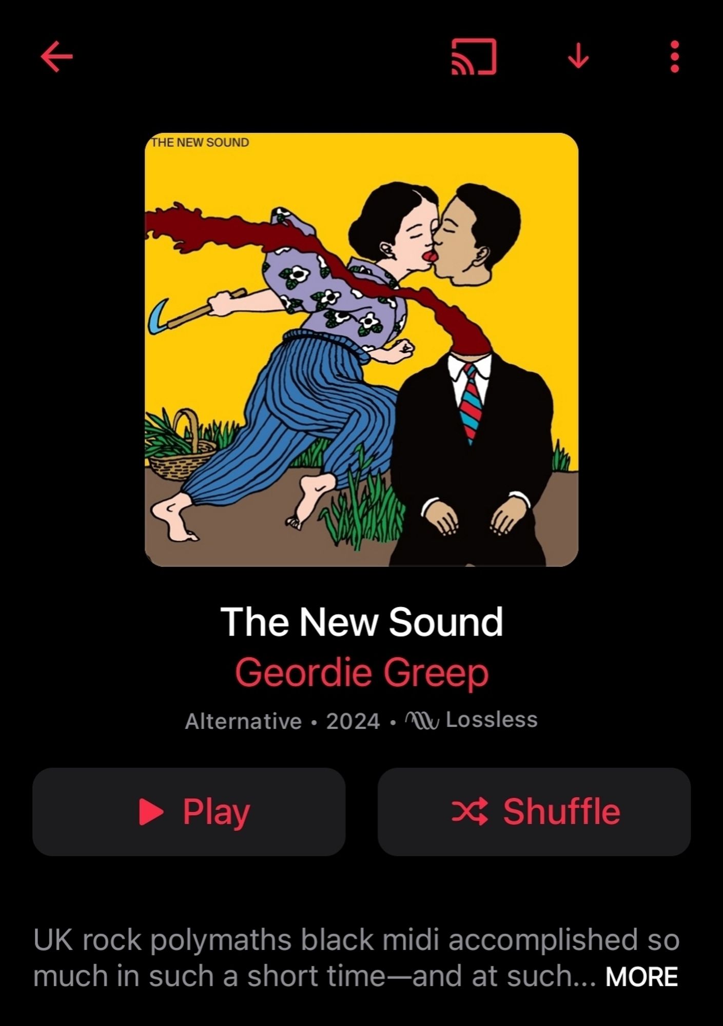 Geordie Greep - The New Sound
Picture: Man in a suit decapitated my a woman in a purple shirt and blue pants holding a scythe. All of this in front of a yellow background. The New Sound in the left top position.