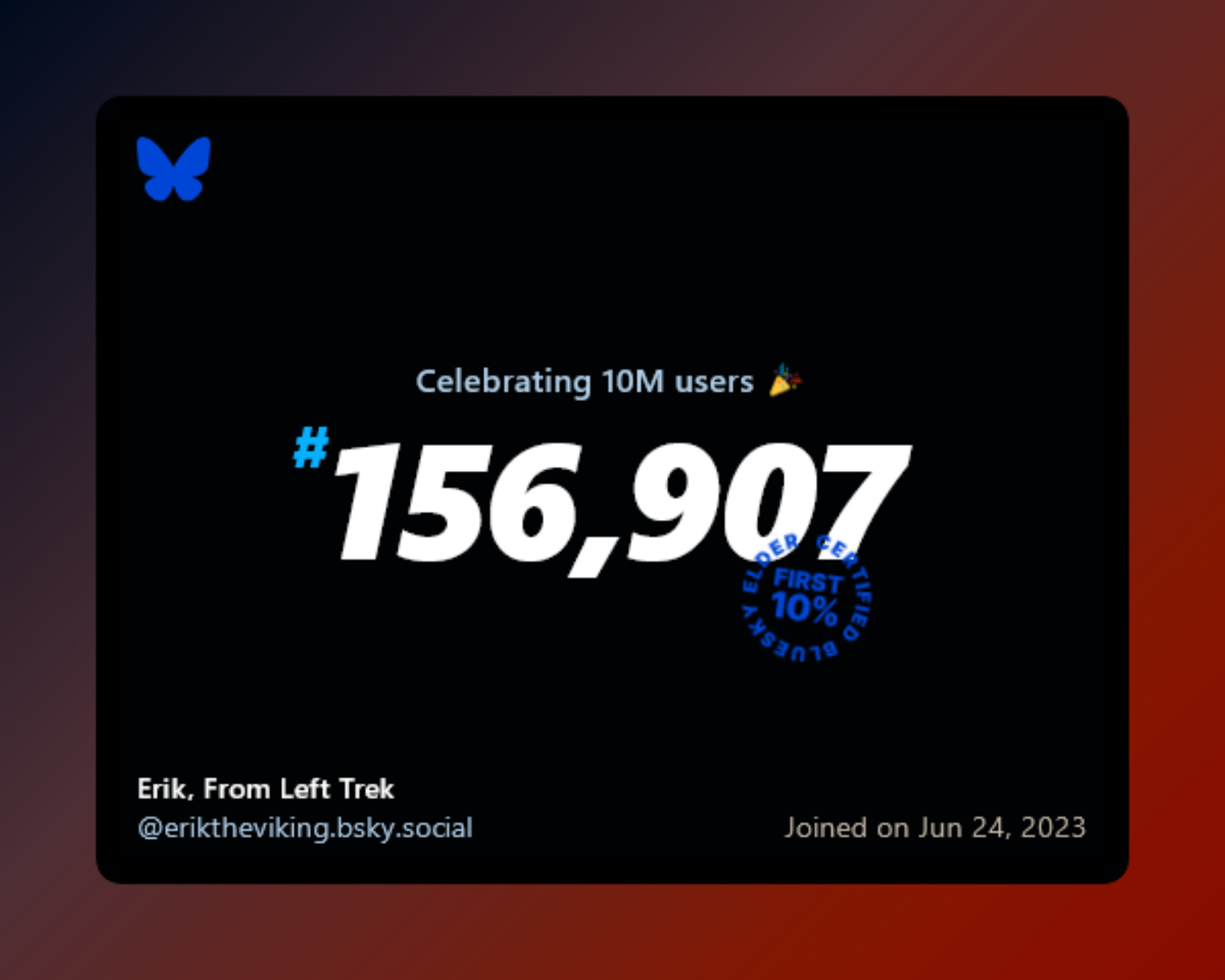 A virtual certificate with text "Celebrating 10M users on Bluesky, #156,907, Erik, From Left Trek ‪@eriktheviking.bsky.social‬, joined on Jun 24, 2023"