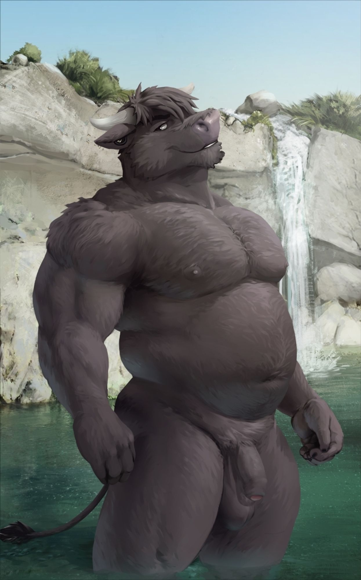 Picture of a black-furred bull anthro, naked, knee deep in water. He has a stout build and is naked and flaccid.