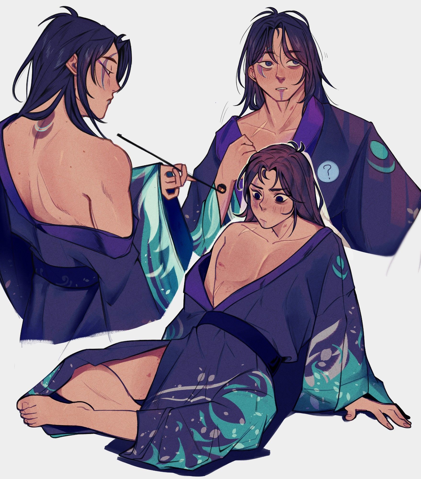 Aphelios with long black hair wearing a blue/violet yukata with some blue fire and white petals patterns. There's a backshot to show a lunari tattoo on his neck (a dark circle with a dark semi-circle underneath). He just woke up from a nap, his hair is messy. some hickeys on his body he doesn't know where it comes from