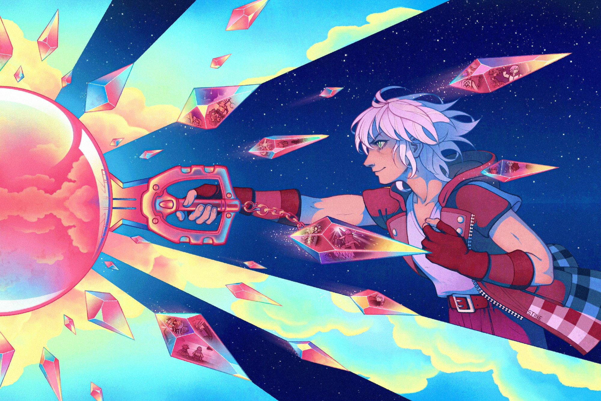 Illustration of Riku from Kingdom Hearts. He is facing left and extending Braveheart into a dream portal in front of him. Rays of light and crystal shards fly out of the dream portal. The facets of the crystals contain images of Riku's most important moments from the series.