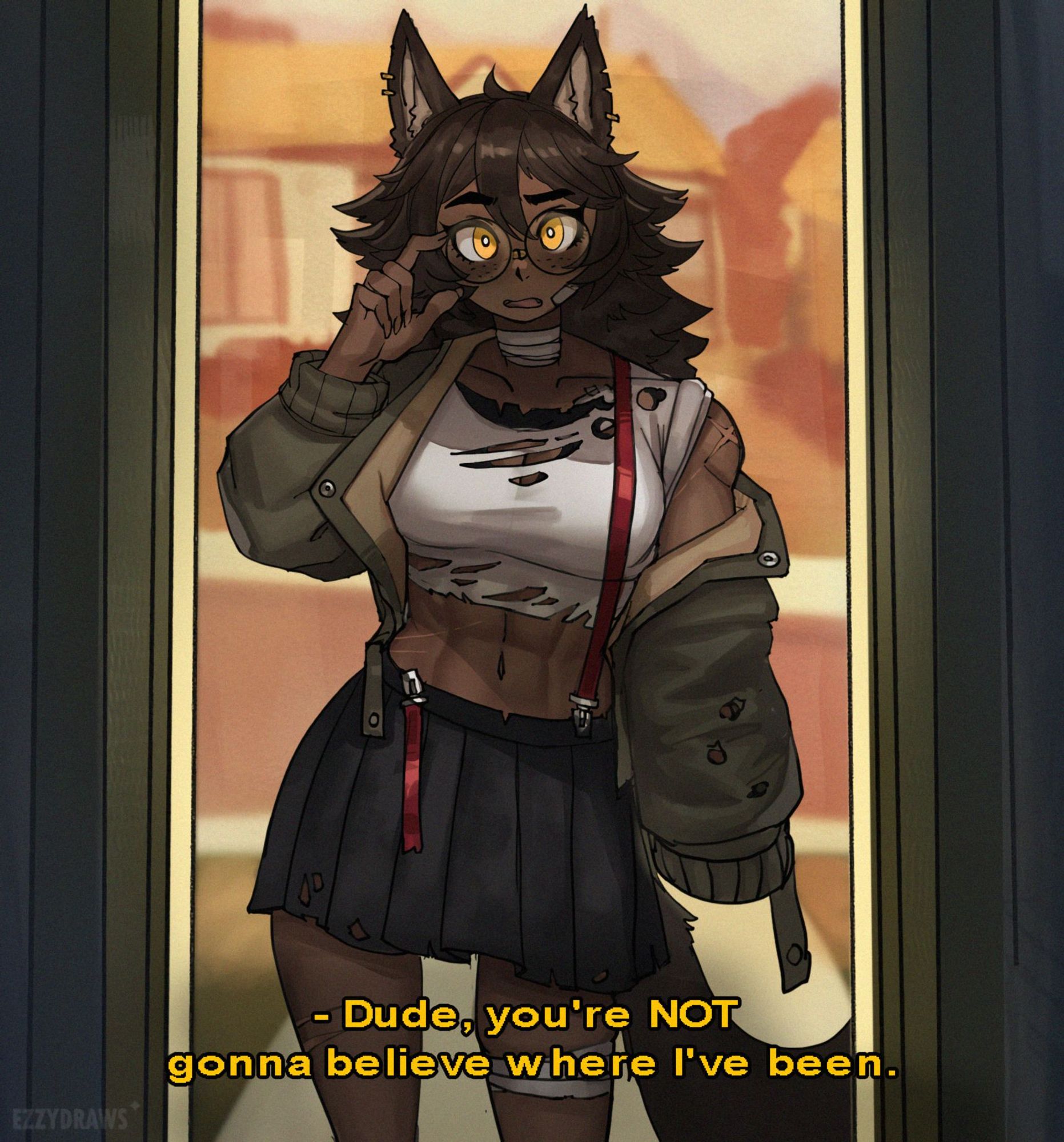 Catrina, a werewolf girl, stands before the doorway of her house, wearing tattered clothes riddled with scratches and bulletholes. She tells you, the viewer, 'Dude, you're NOT gonna believe where I've been,' as she adjusts her glasses. 

You can notice, under her jacket, that her attire bears a certain resemblance to the outfit of a character you recognize, but you can't quite put your finger on which one.