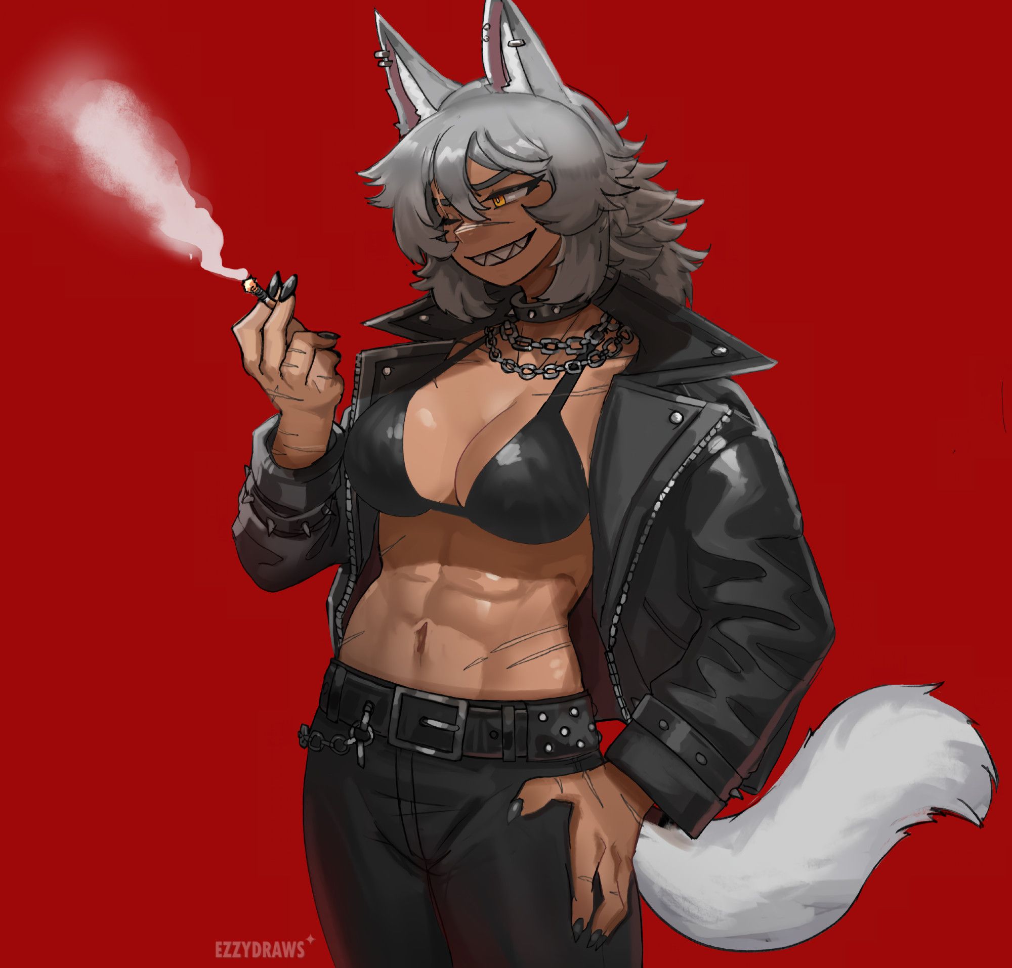 Clad in a sleek black leather jacket and chains, the gray-haired wolfgirl smirks confidently with a cigarette in hand, her fierce eyes glowing with mischievous intent.