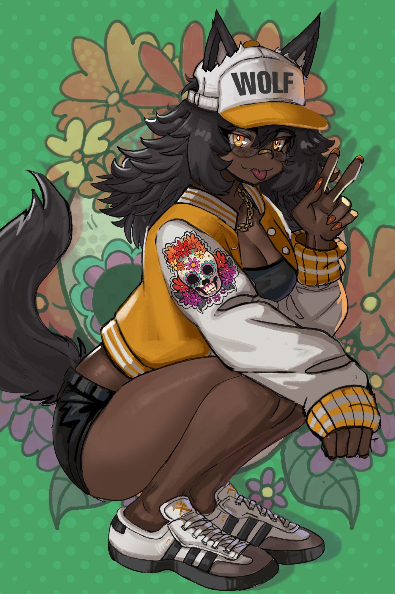 Werewolf girl Catrina greets you with a peace sign, sporting a 'WOLF' cap, a Catrina Grim Reaper patch jacket, black shorts, and Adidas Samba sneakers.